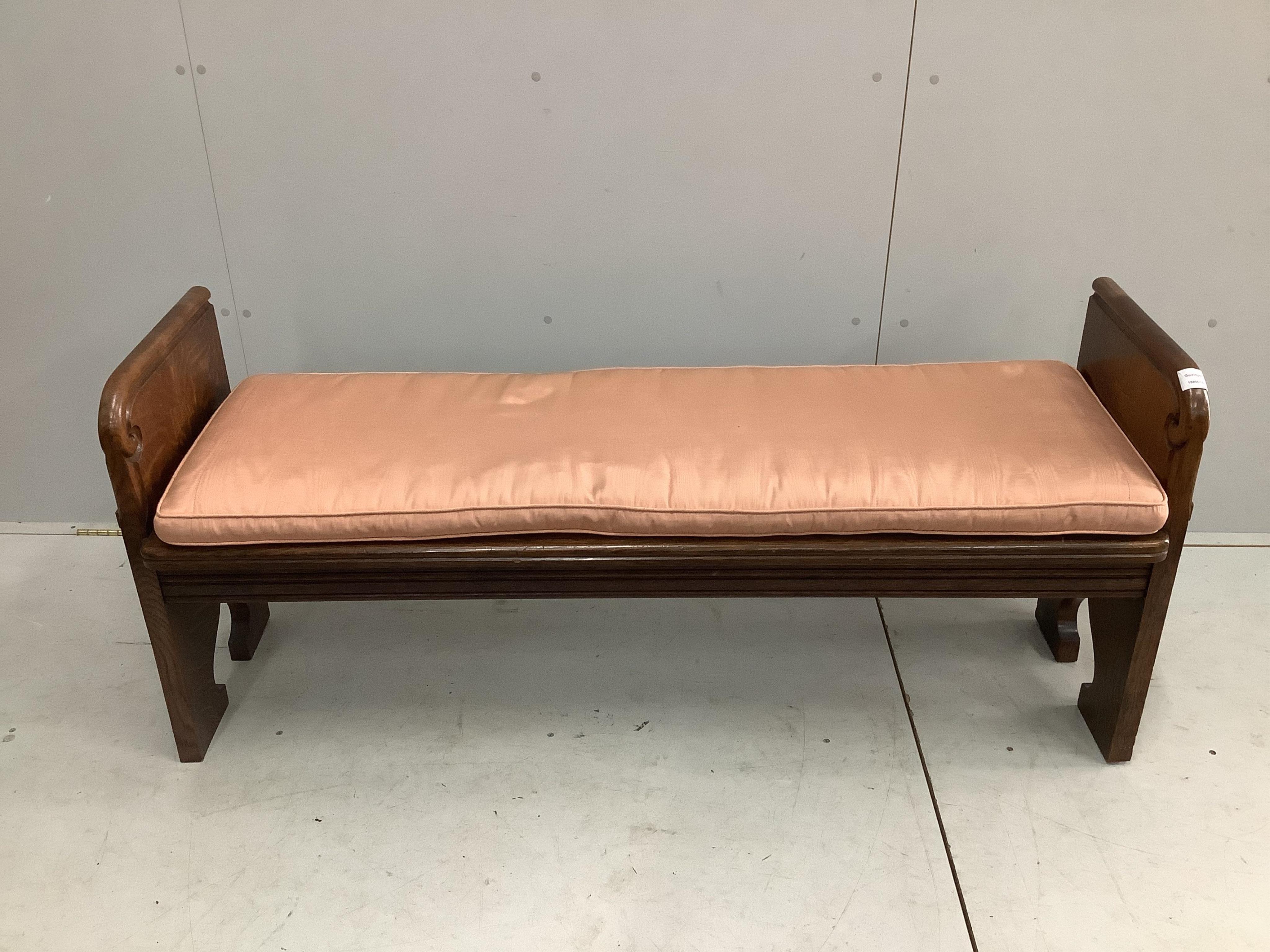 An early 20th century oak bench seat, width 150cm, depth 45cm, height 62cm. Condition - good                                                                                                                                