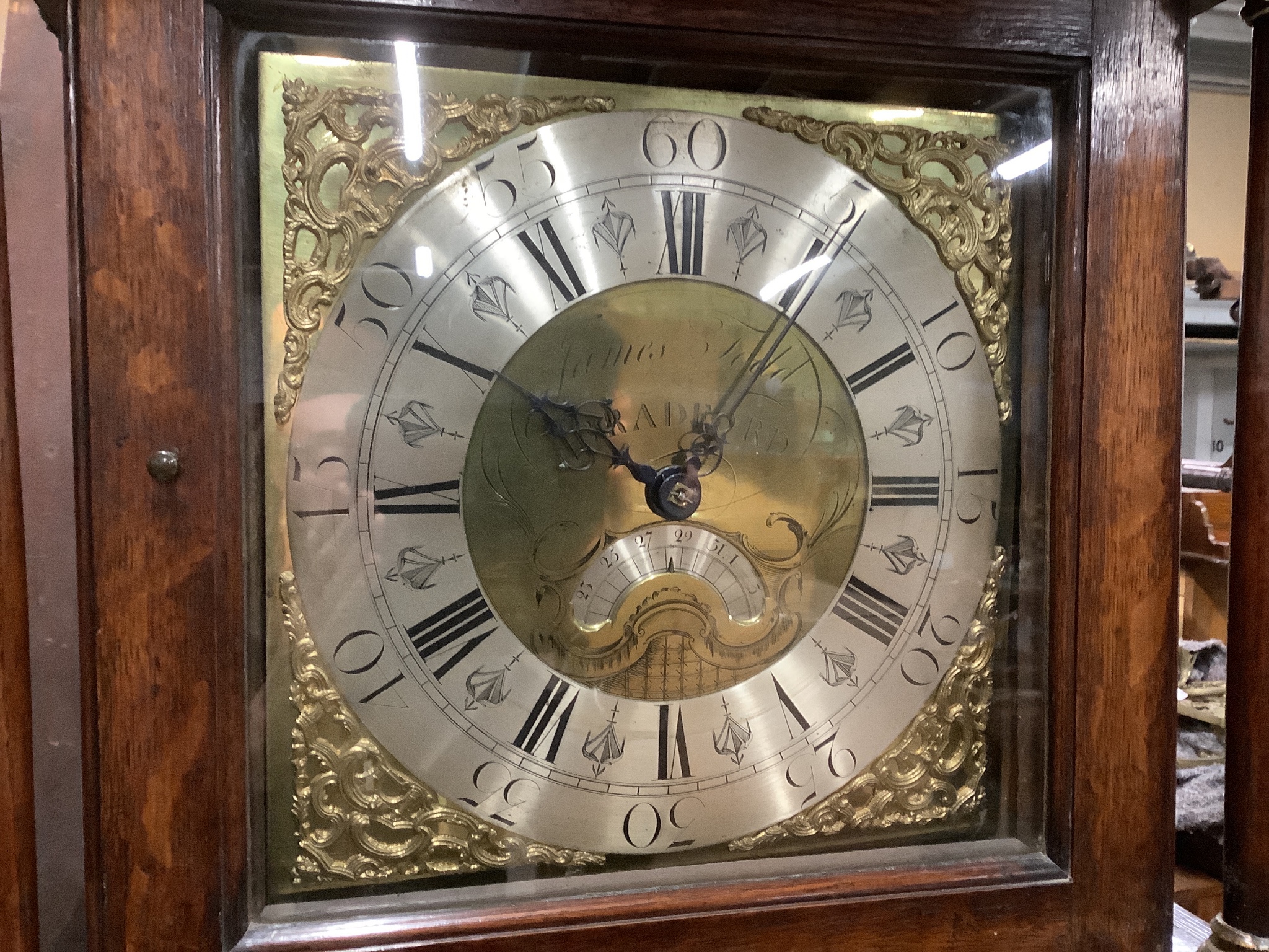 A George III inlaid oak thirty hour longcase clock, marked James Todd, Bradford, height 220cm                                                                                                                               