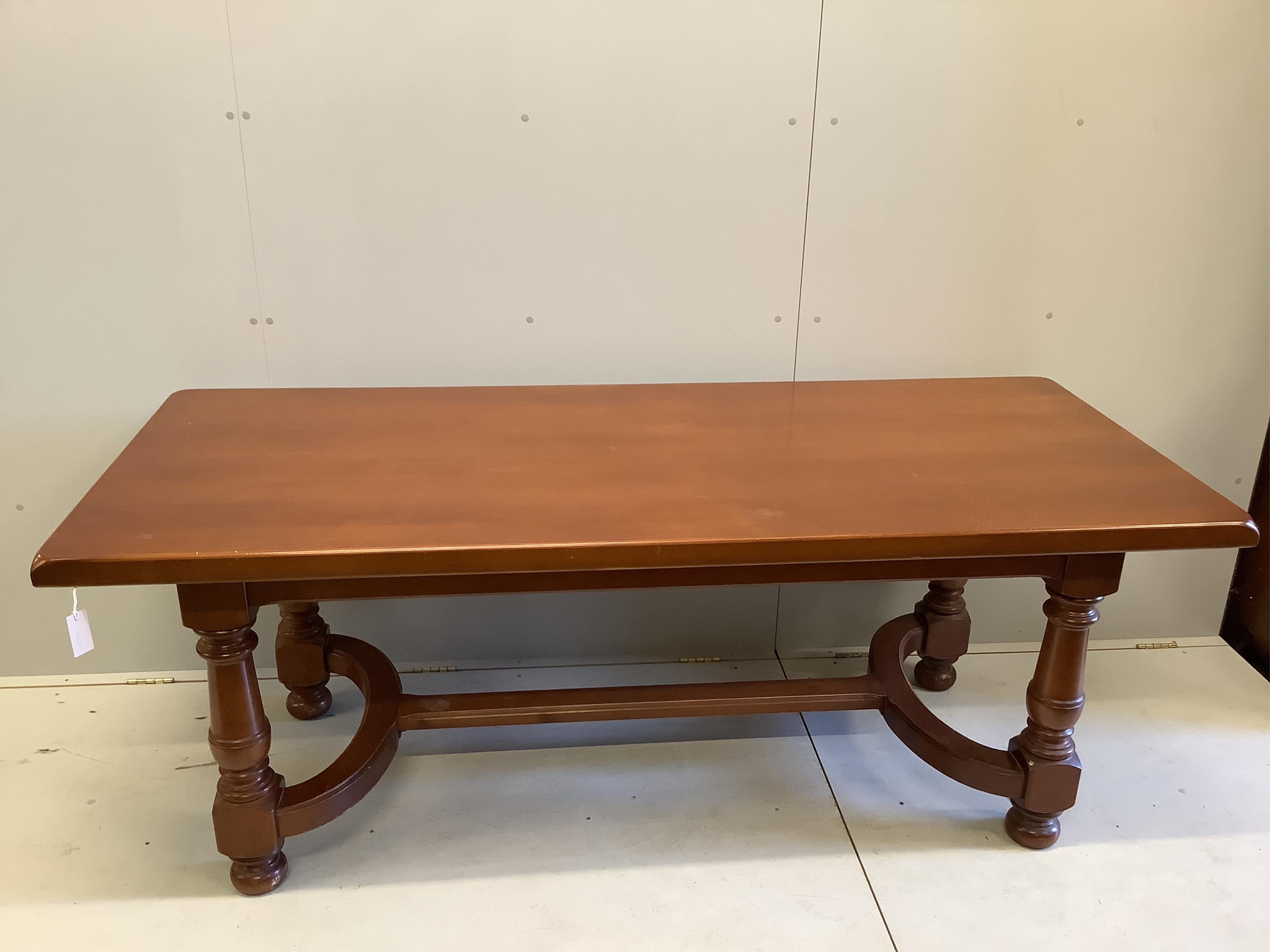 An 18th century style rectangular walnut refectory dining table, width 200cm, depth 85cm, height 76cm. Condition - fair                                                                                                     