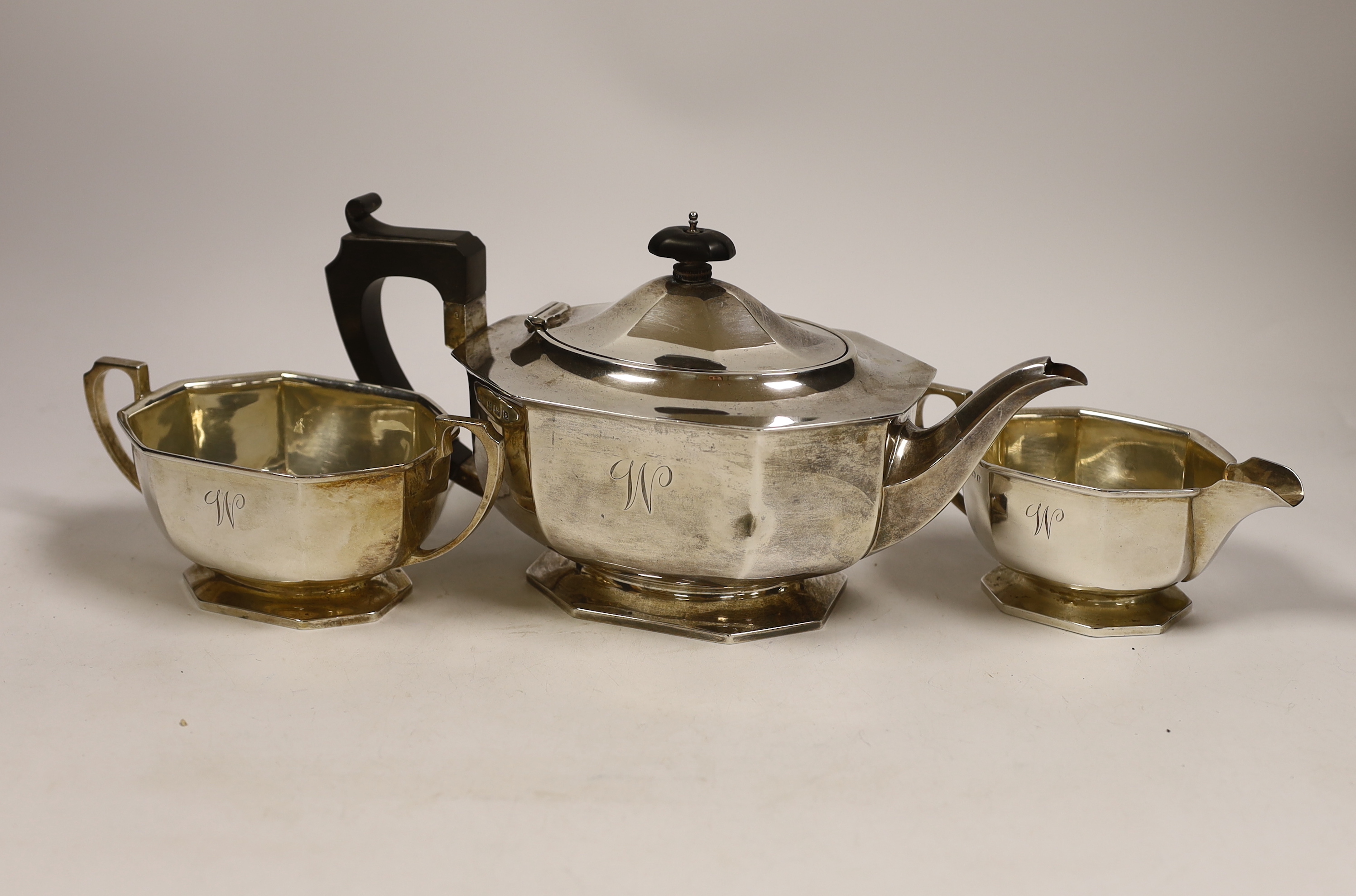 A George V silver three piece tea set, Docker & Burn Ltd, Birmingham, 1929                                                                                                                                                  