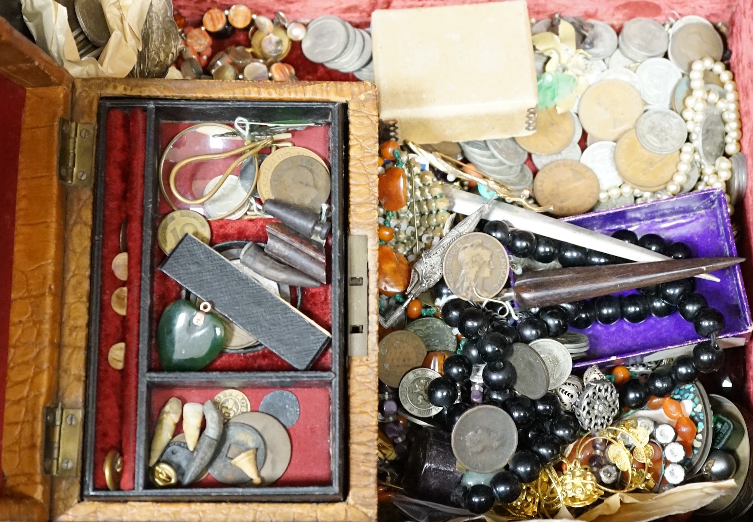 A large quantity of assorted Victorian and later mainly costume jewellery, including necklaces, watches, coins etc. Condition - poor to fair to good                                                                        