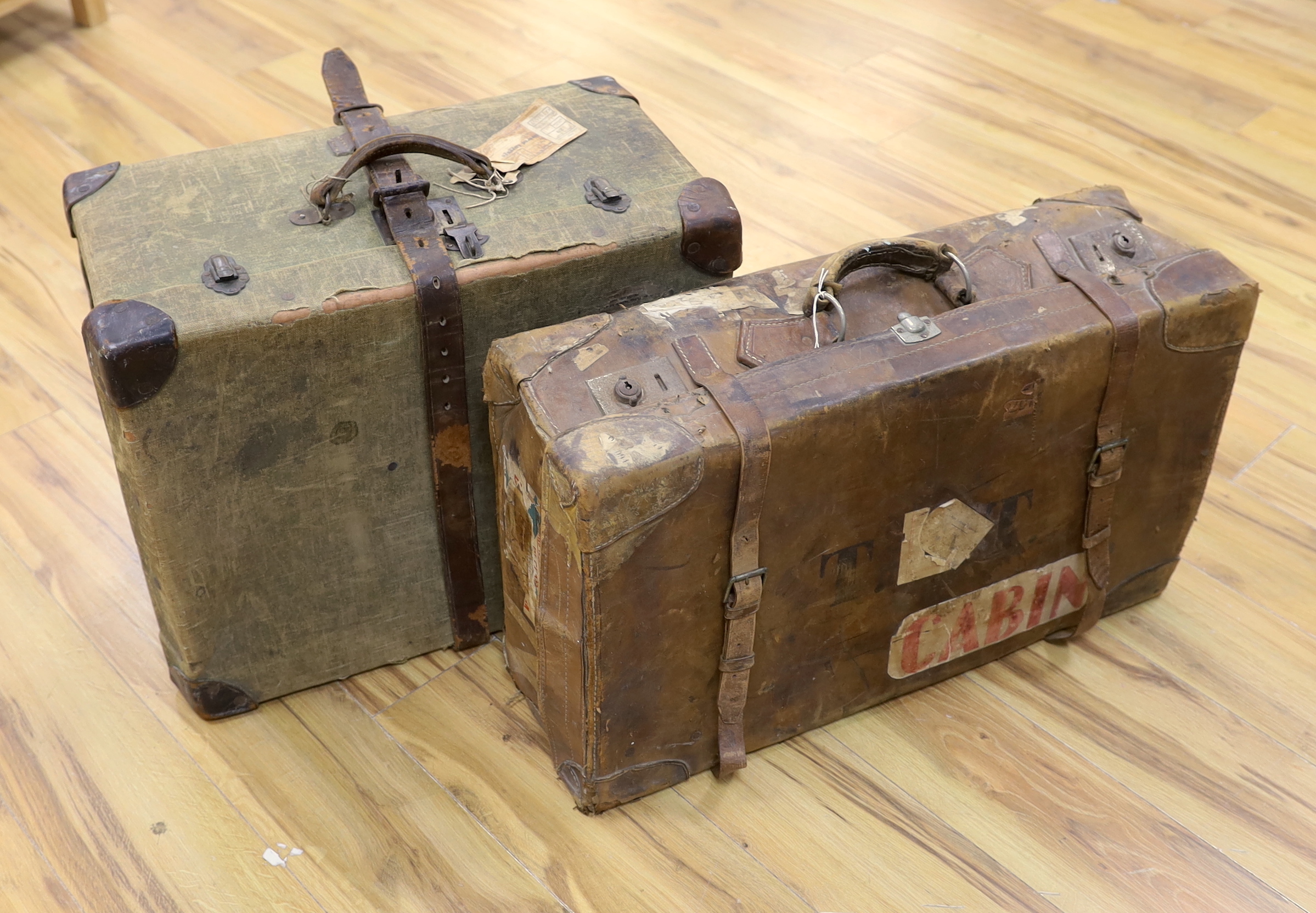 Two vintage steamer or travelling trunks with railway labels etc, the largest 70cm wide                                                                                                                                     