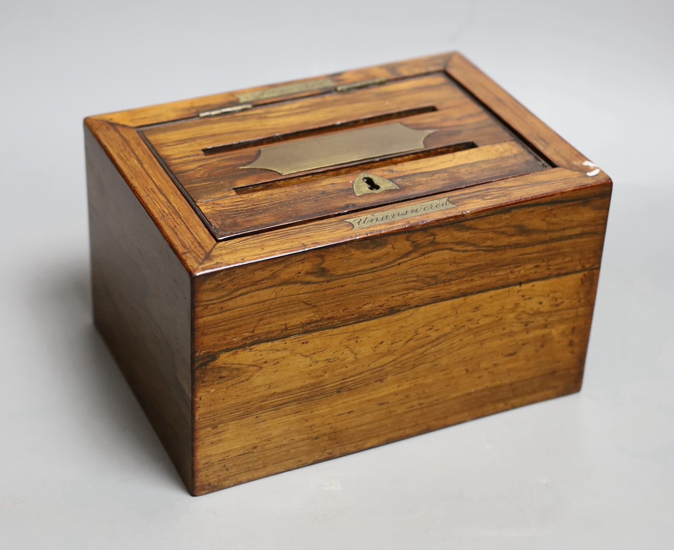 A Victorian rosewood letter box. 19.5cm wide                                                                                                                                                                                