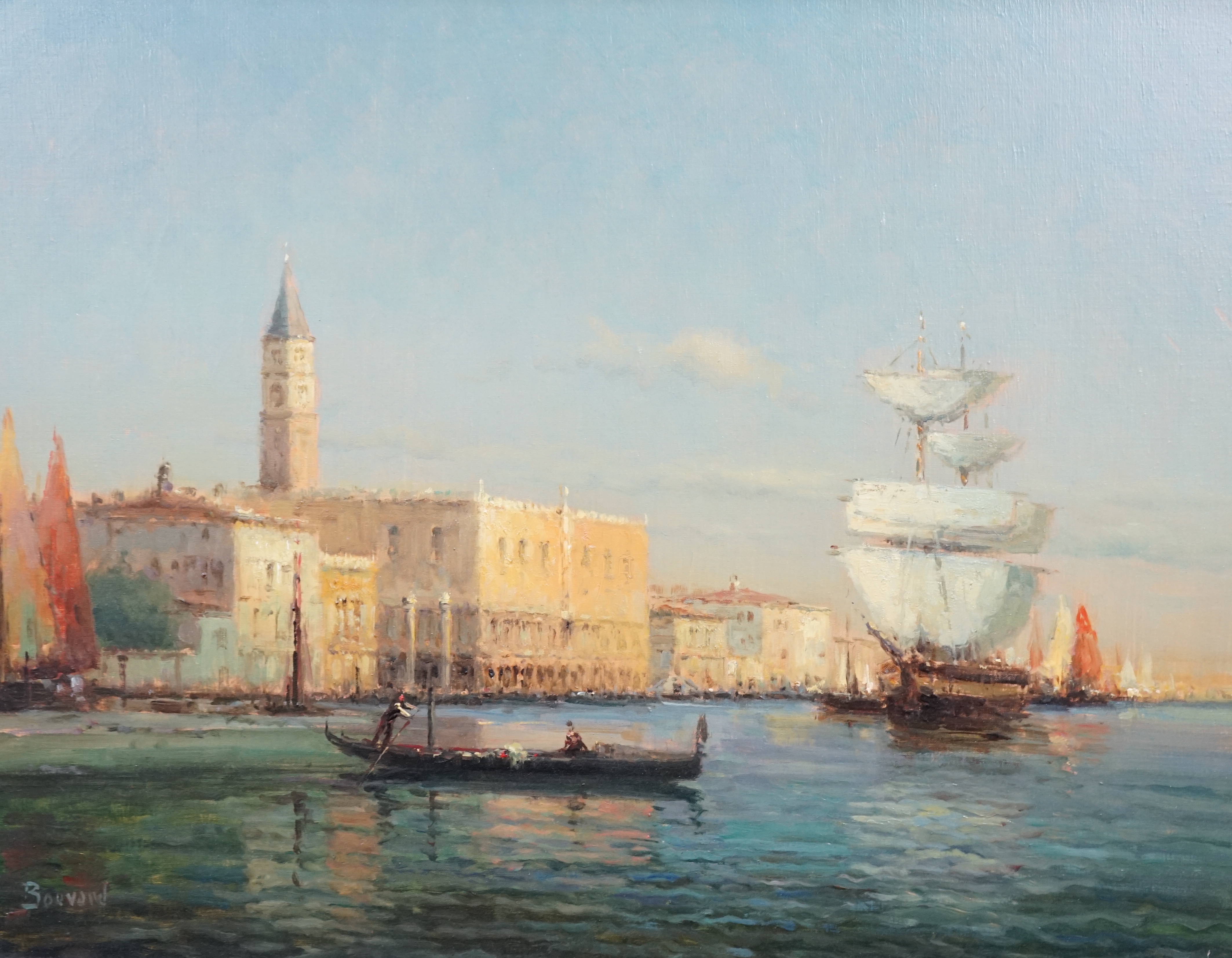 Noel Georges Bouvard (French, 1912-1975), Gondola and sailing ship off the Doges Palace, Venice, oil on canvas, 49 x 64cm                                                                                                   
