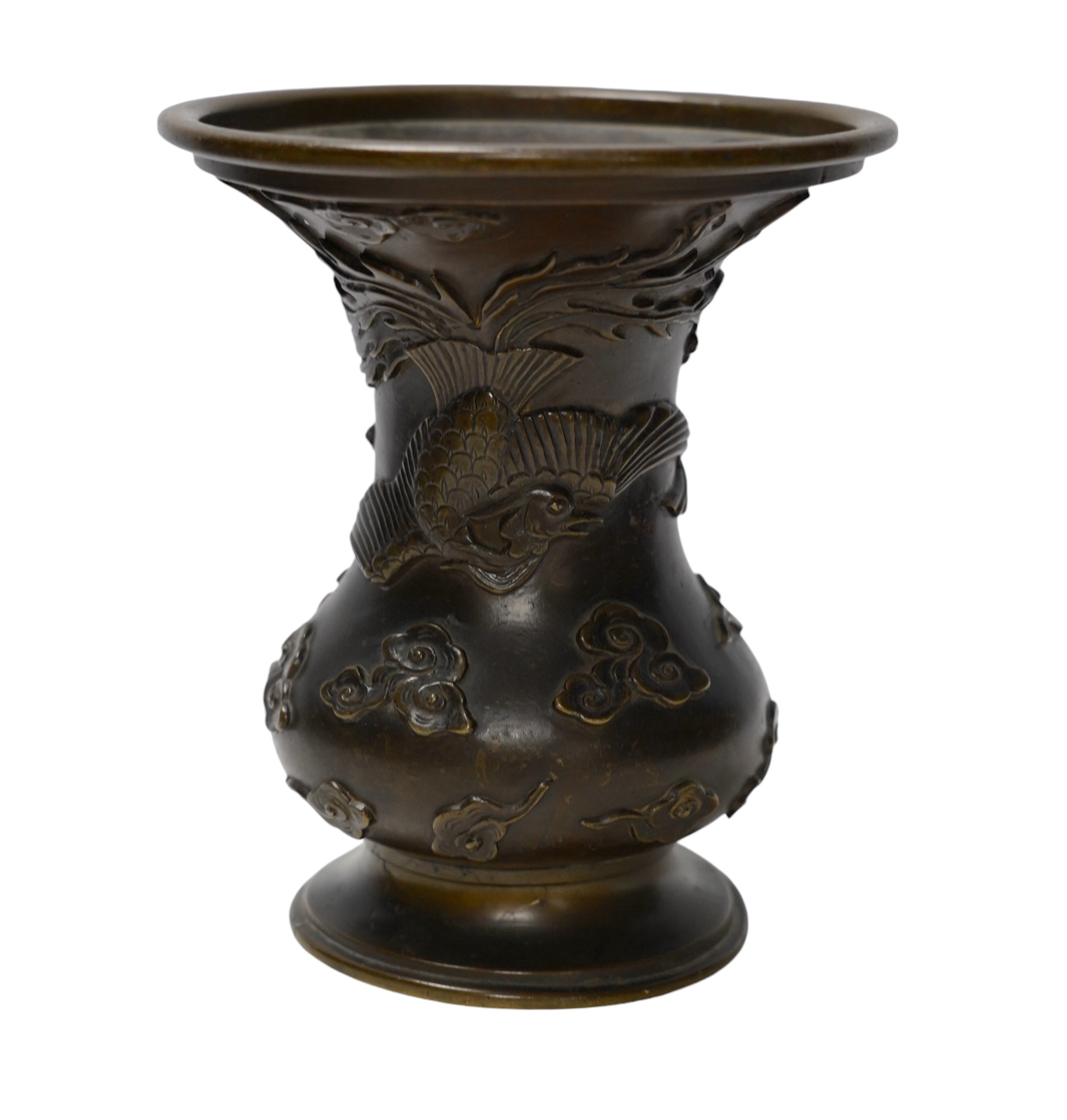 A 19th century Chinese cast bronze ‘phoenix’ vase, seal mark to the base, 17cm high. Condition - poor                                                                                                                       