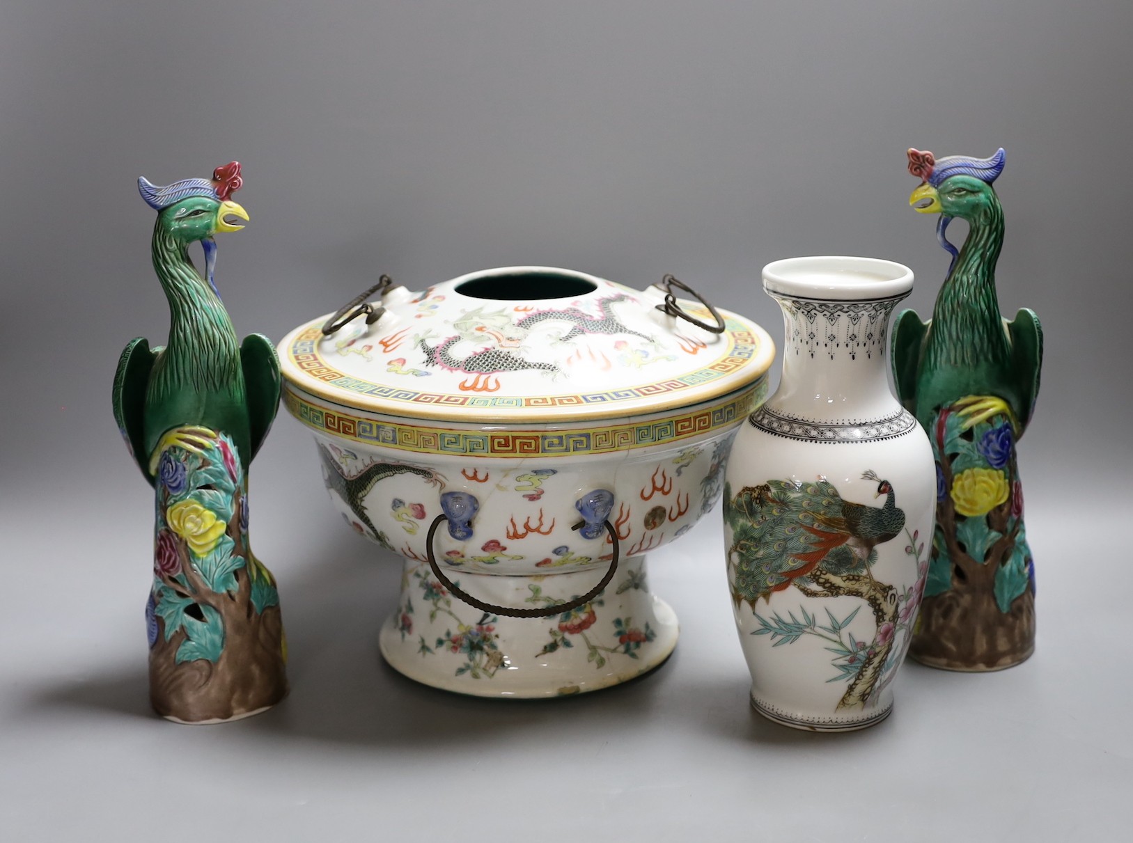 A pair of Chinese birds, vase and a jar/censer, birds 25 cms high                                                                                                                                                           
