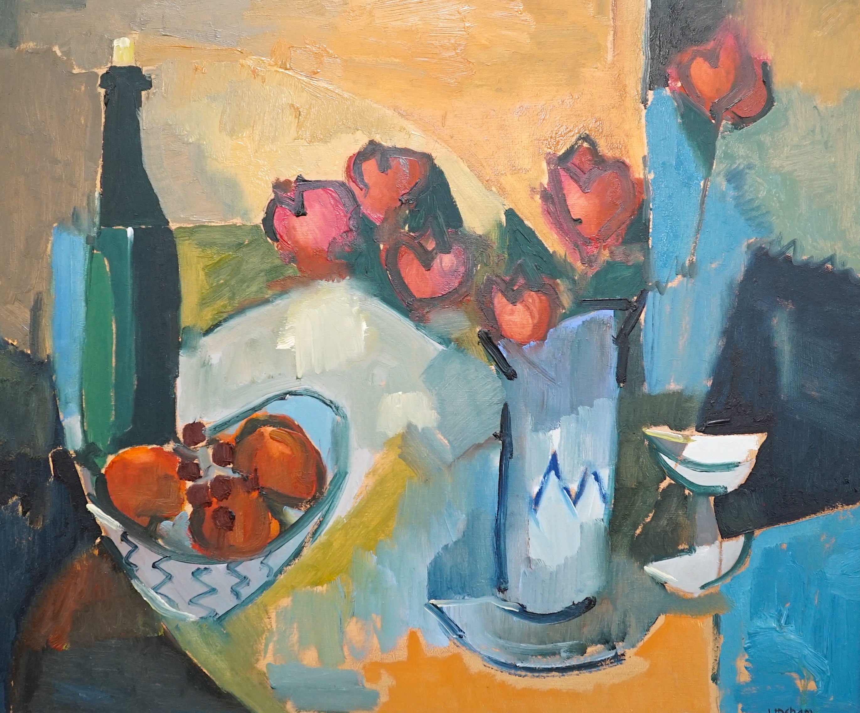 John Lipsham (b.1944), oil on board, Still life with green bottle number 2, signed and inscribed verso, 50 x 60cm                                                                                                           