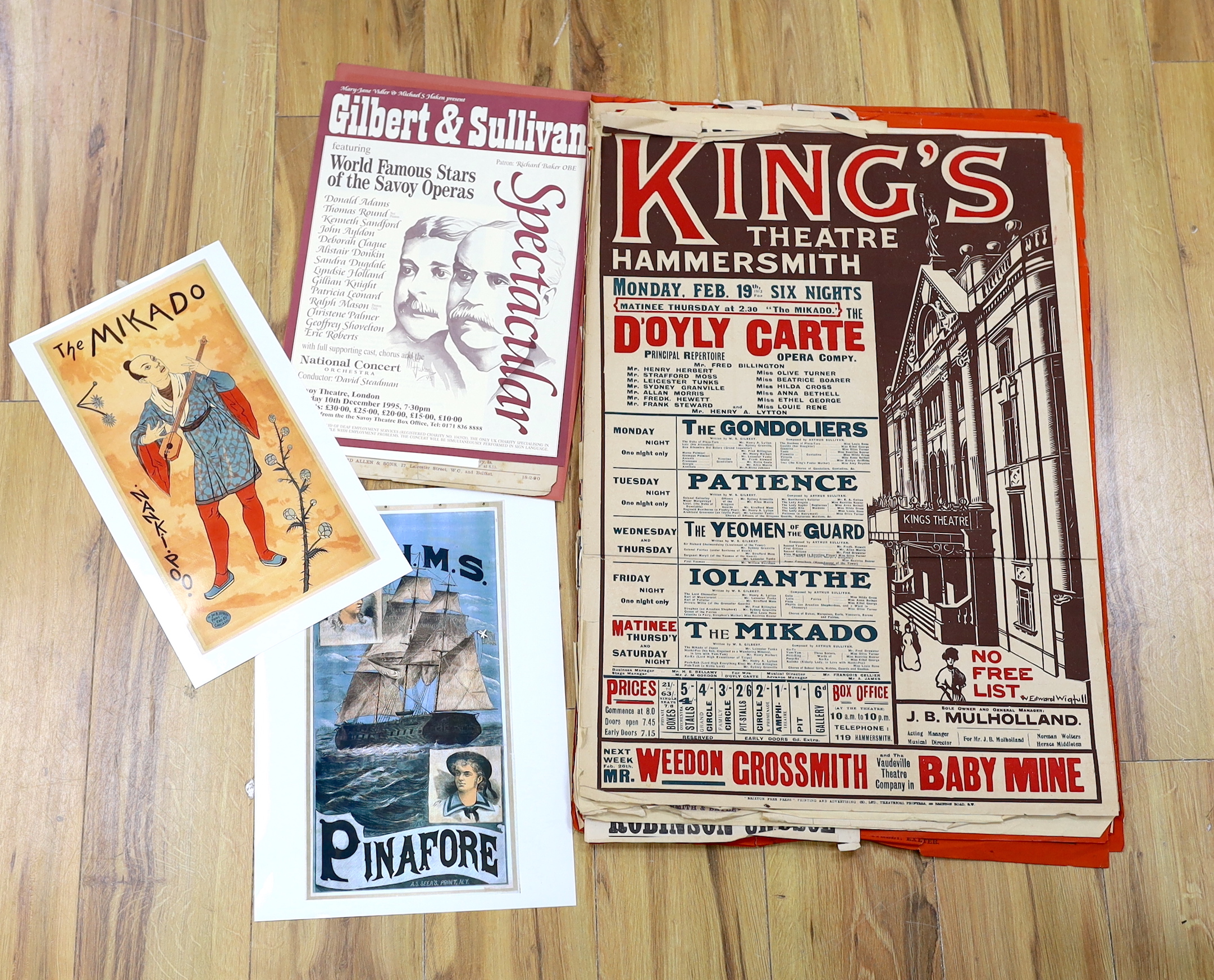 Gilbert & Sullivan and D’Oyly Carte interest; a folder of late 19th century/early 20th century lithograph posters and play bills advertising productions at the Savoy Theatre, King’s Theatre, Broadway Theatre, Fulham Thea