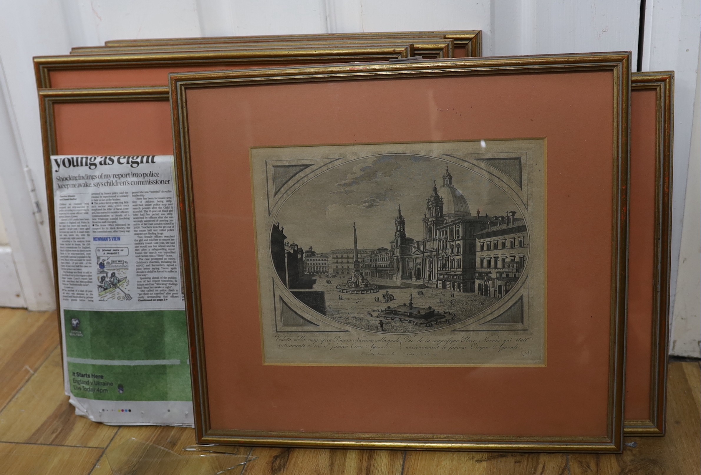 18th century Italian School, seven assorted engravings, Topographical views, largest 22 x 28cm                                                                                                                              