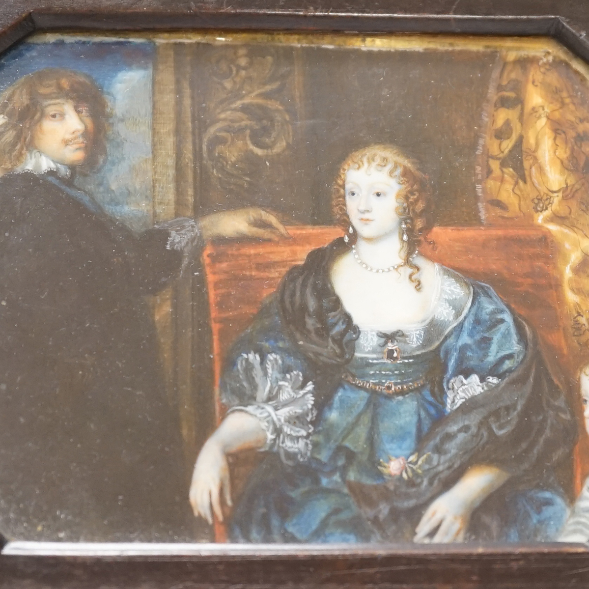 After Anthony Van Dyck (Flemish 1599 –1641) Antique miniature portrait of Algernon Percy, 10th Earl of Northumberland, his wife and daughter, inscribed in ink verso, housed in an ebonised wood frame, overall 19cm x 17cm 