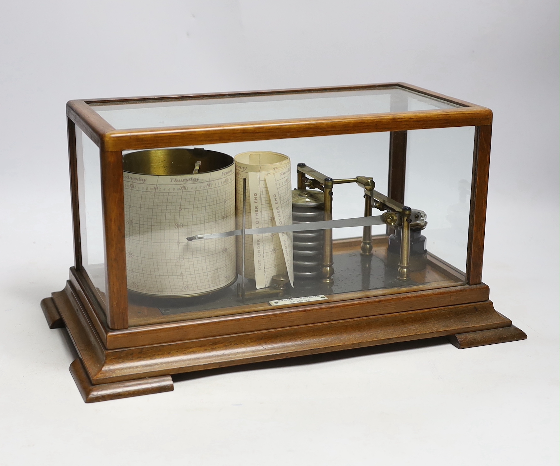 A Bracher and Sydenham, Reading barograph, in an oak case, 34.5cm wide                                                                                                                                                      