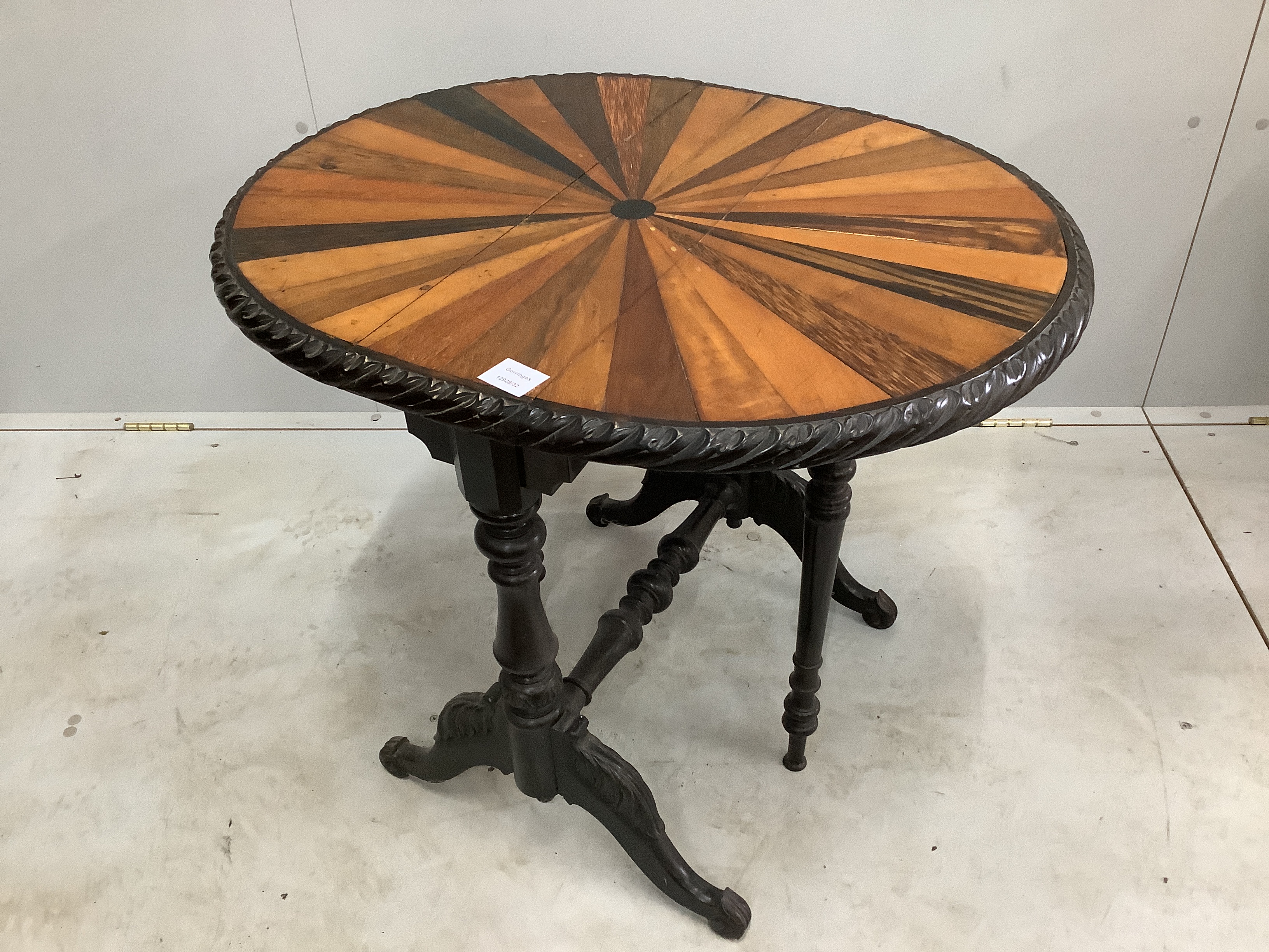 A late 19th century Anglo Indian specimen wood and ebony Sutherland table, width 75cm extended, depth 60cm, height 63cm                                                                                                     