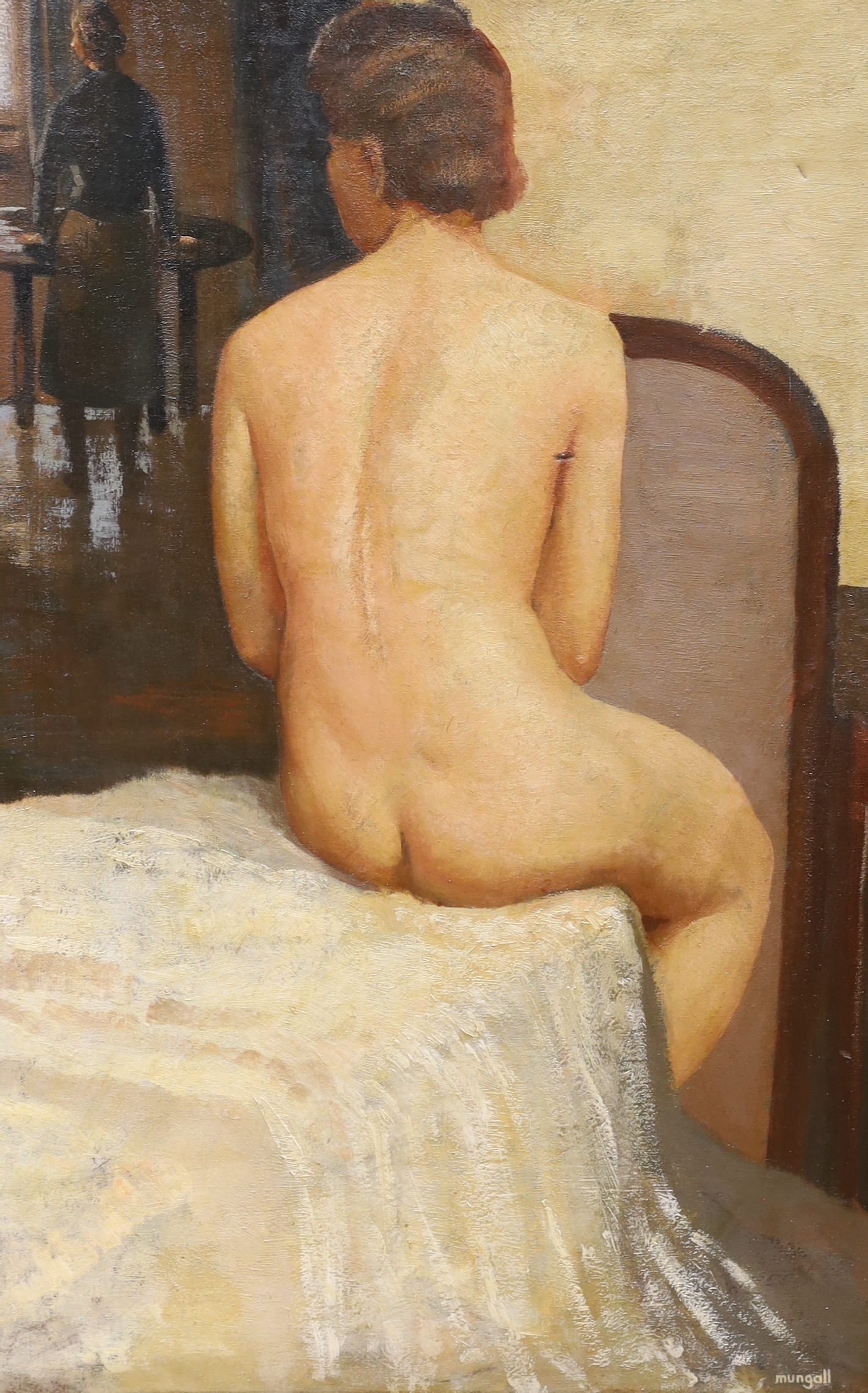 John Bryce Mungall, oil on canvas, Interior with seated nude, signed, 76 x 51cm, unframed                                                                                                                                   