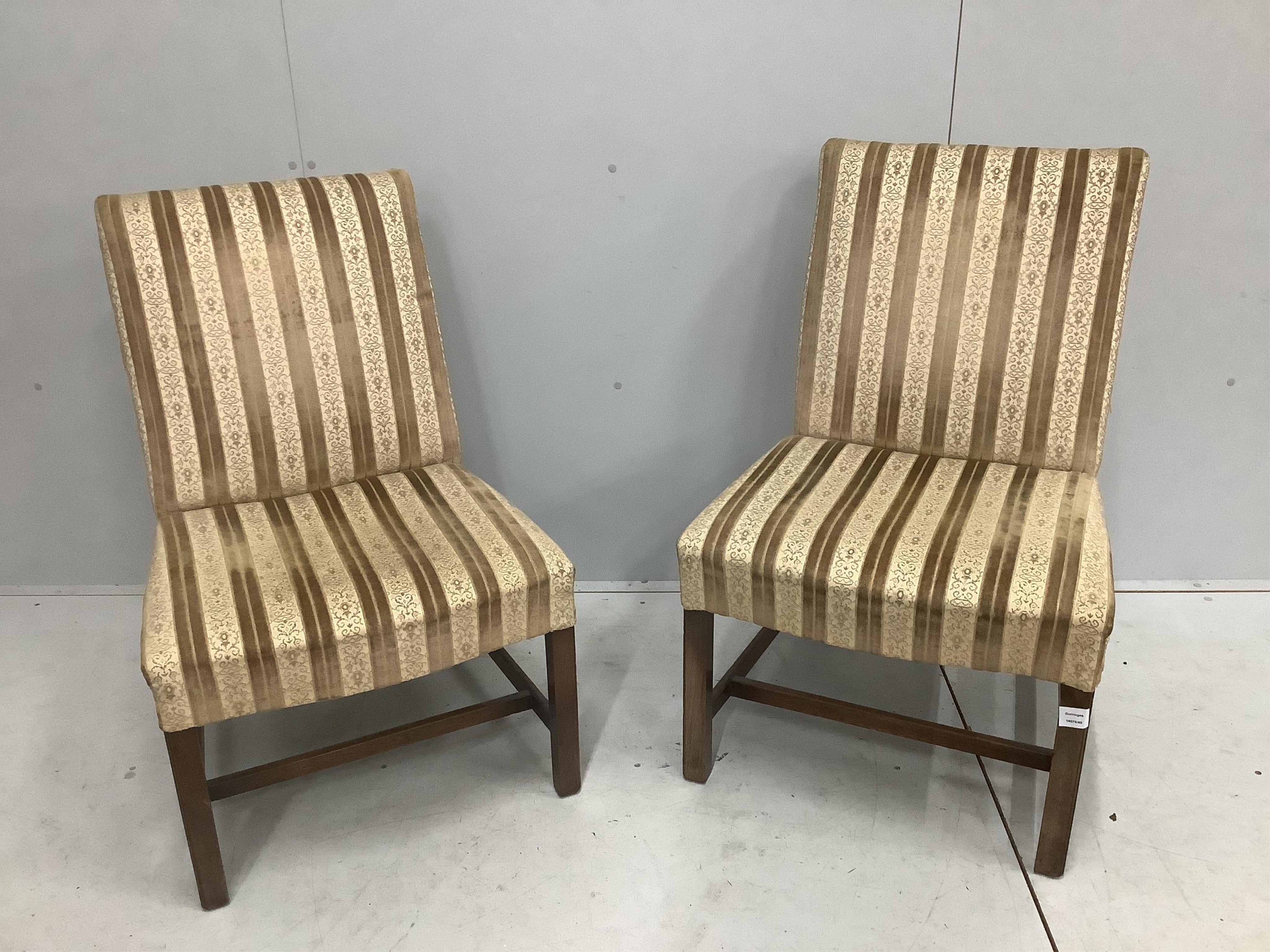 A pair of George III style upholstered mahogany side chairs, width 50cm, depth 56cm, height 94cm. Condition - fair                                                                                                          