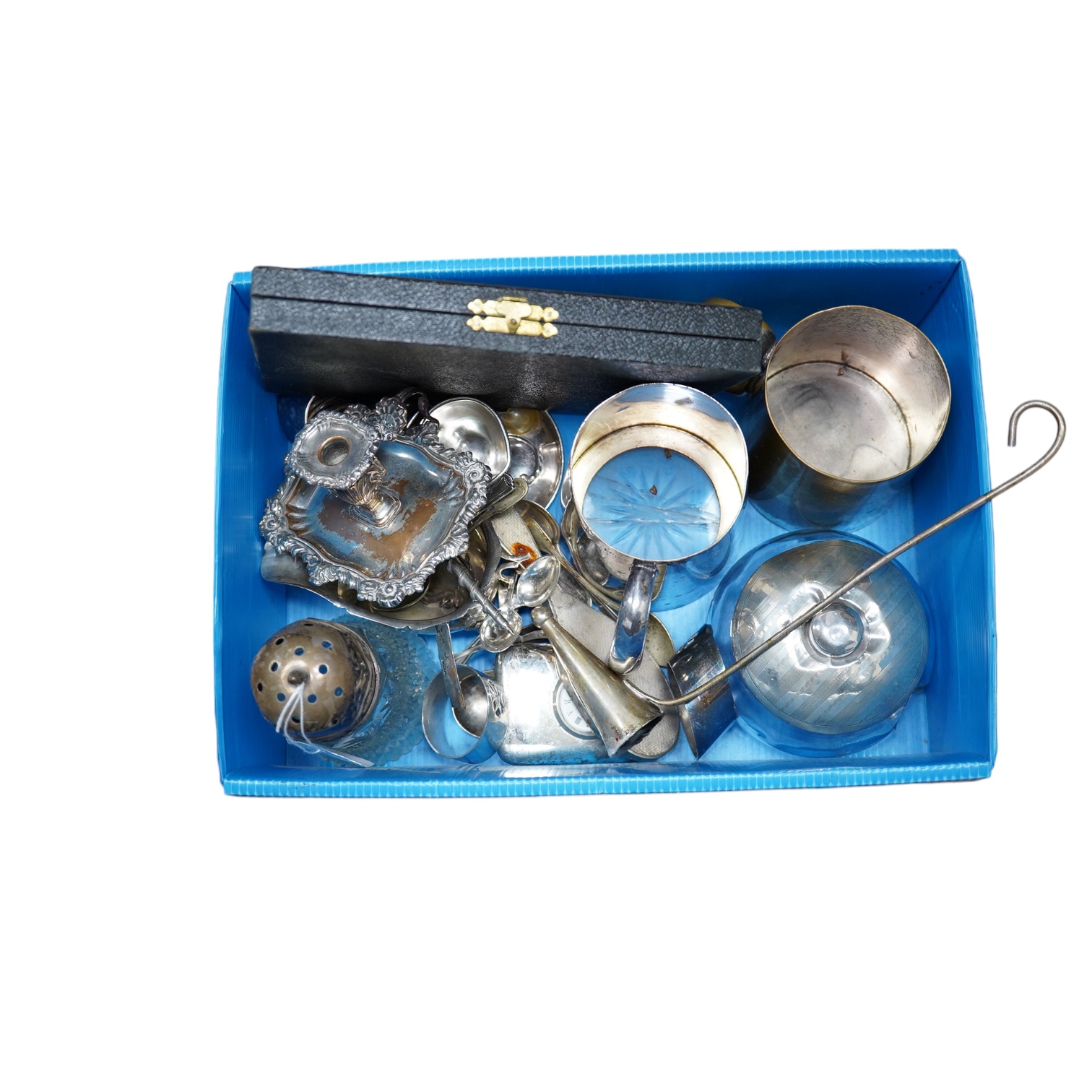 Three damaged silver items and a quantity of plated ware including mugs, chamberstick etc. Condition - varies                                                                                                               