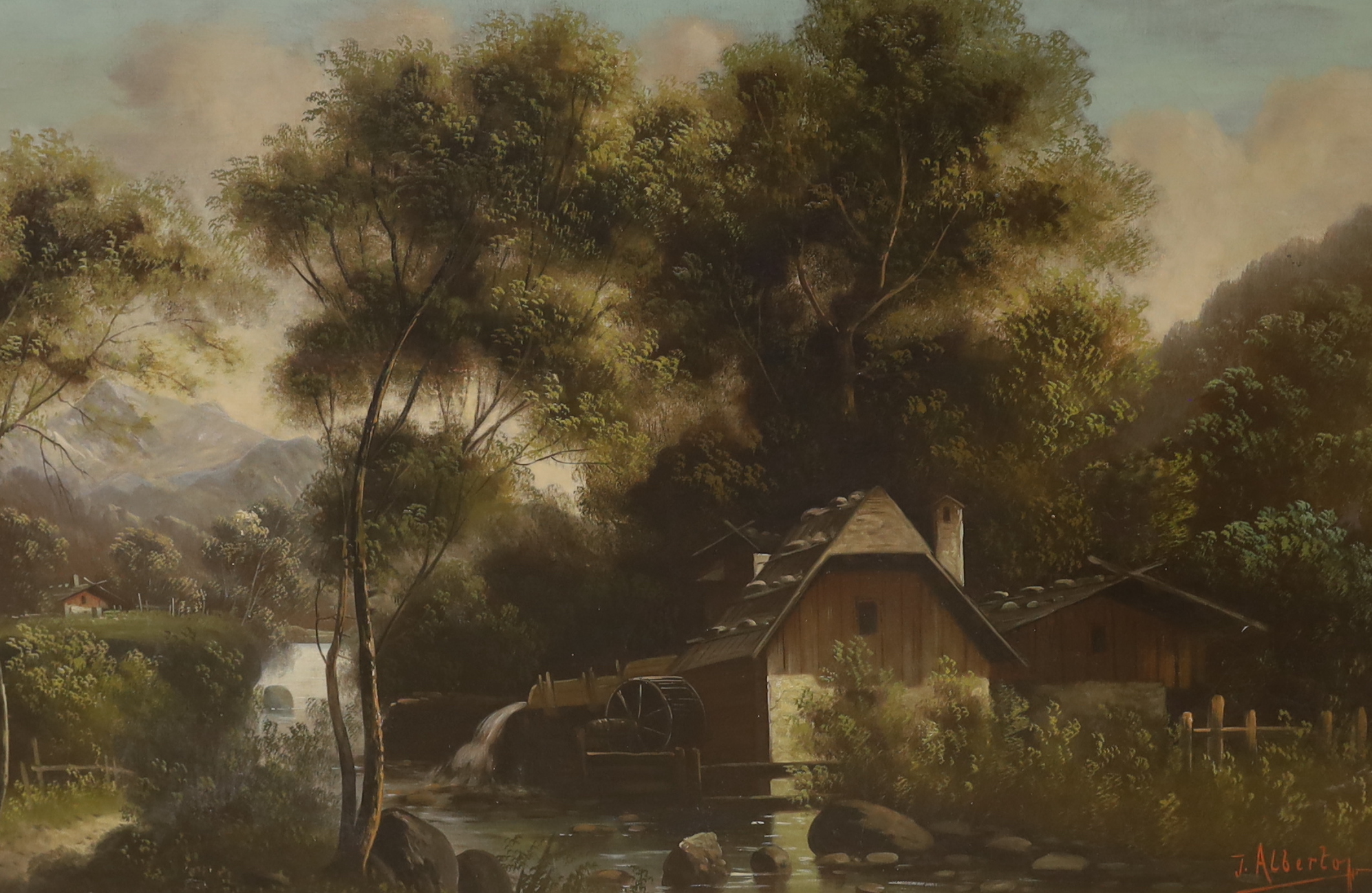 J Alberto, oil on canvas, Watermill before mountains, 66 x 103cm, ornate gilt framed                                                                                                                                        