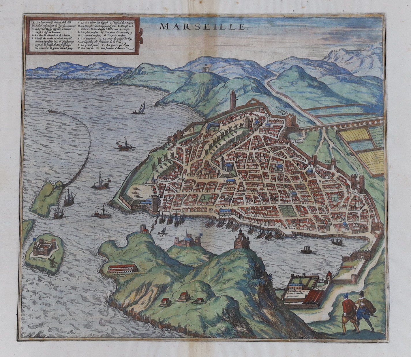 Georg Braun and Frans Hogenberg, coloured engraving, Map of Marseilles, from 'Civitates Orbis Terrarum', c.1572, latin text verso, overall 38 x 52cm                                                                        