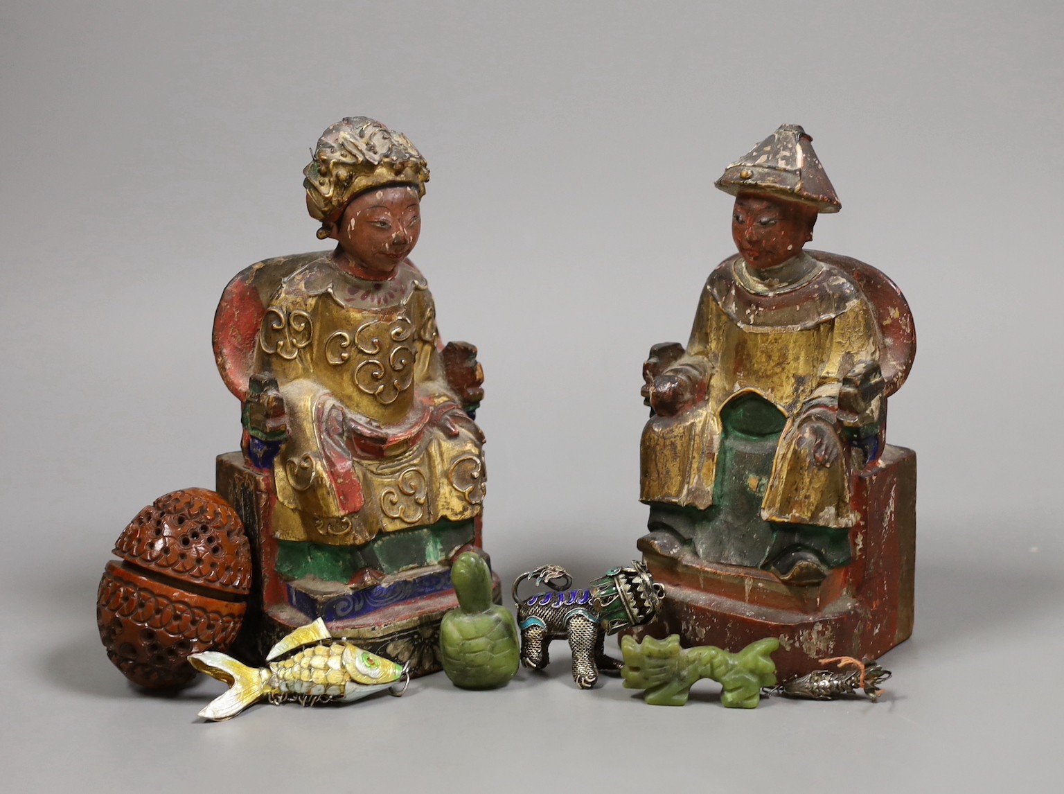 Two 19th century Chinese polychrome wood figures, 14.5cm tall, and other miscellaneous items                                                                                                                                