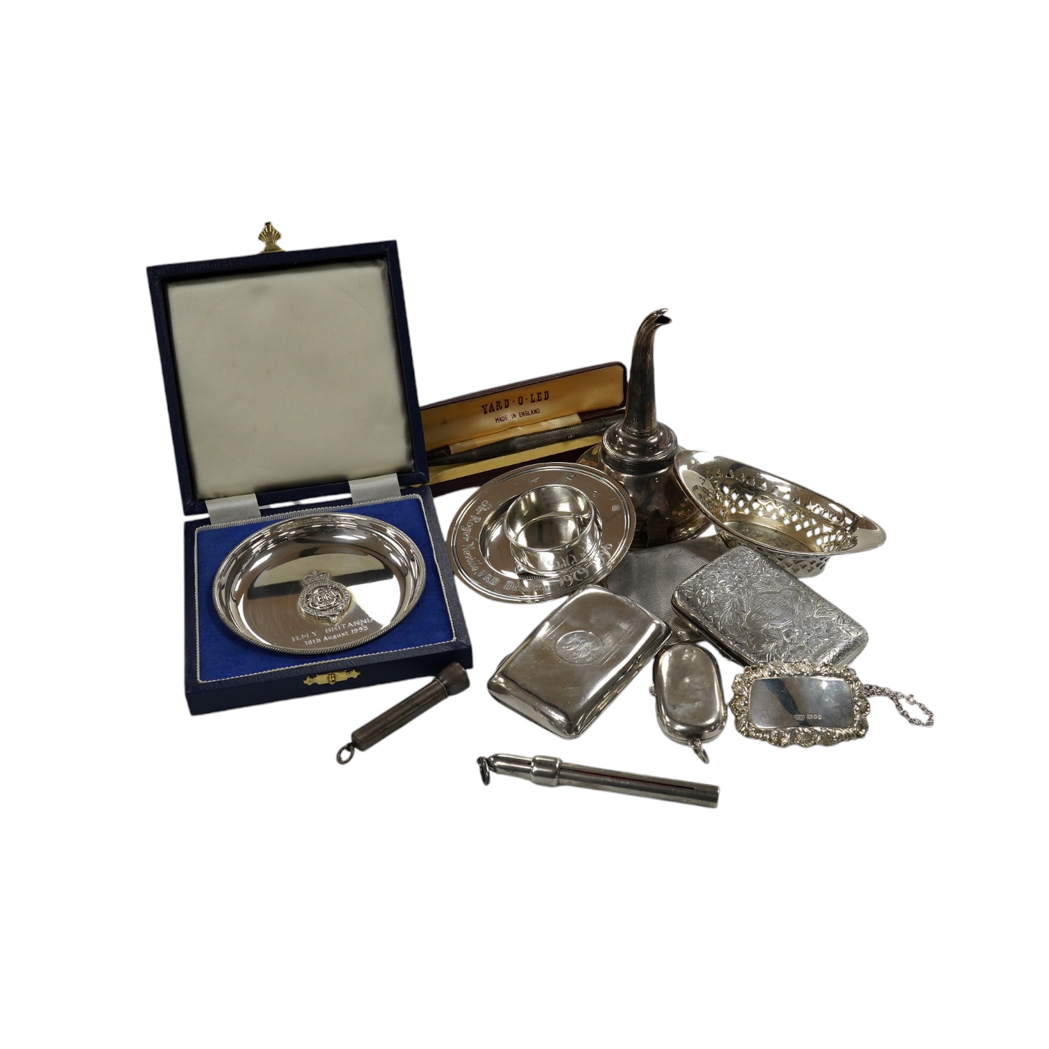 Sundry small silver including a modern wine funnel, silver dishes including cased, cigarette cases, sovereign case, wine label etc. Condition - poor to fair                                                                