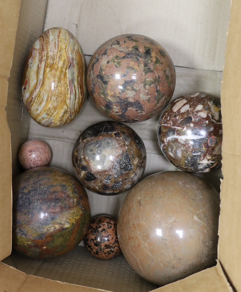 A collection of polished stone balls, eggs, marble and serpentine examples, etc (8)                                                                                                                                         