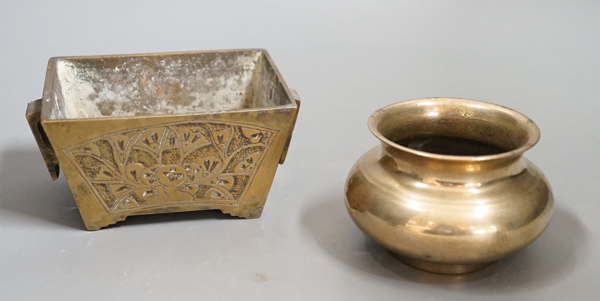 Two early 20th century Chinese bronze censers, rectangular censer 13.5cms wide                                                                                                                                              