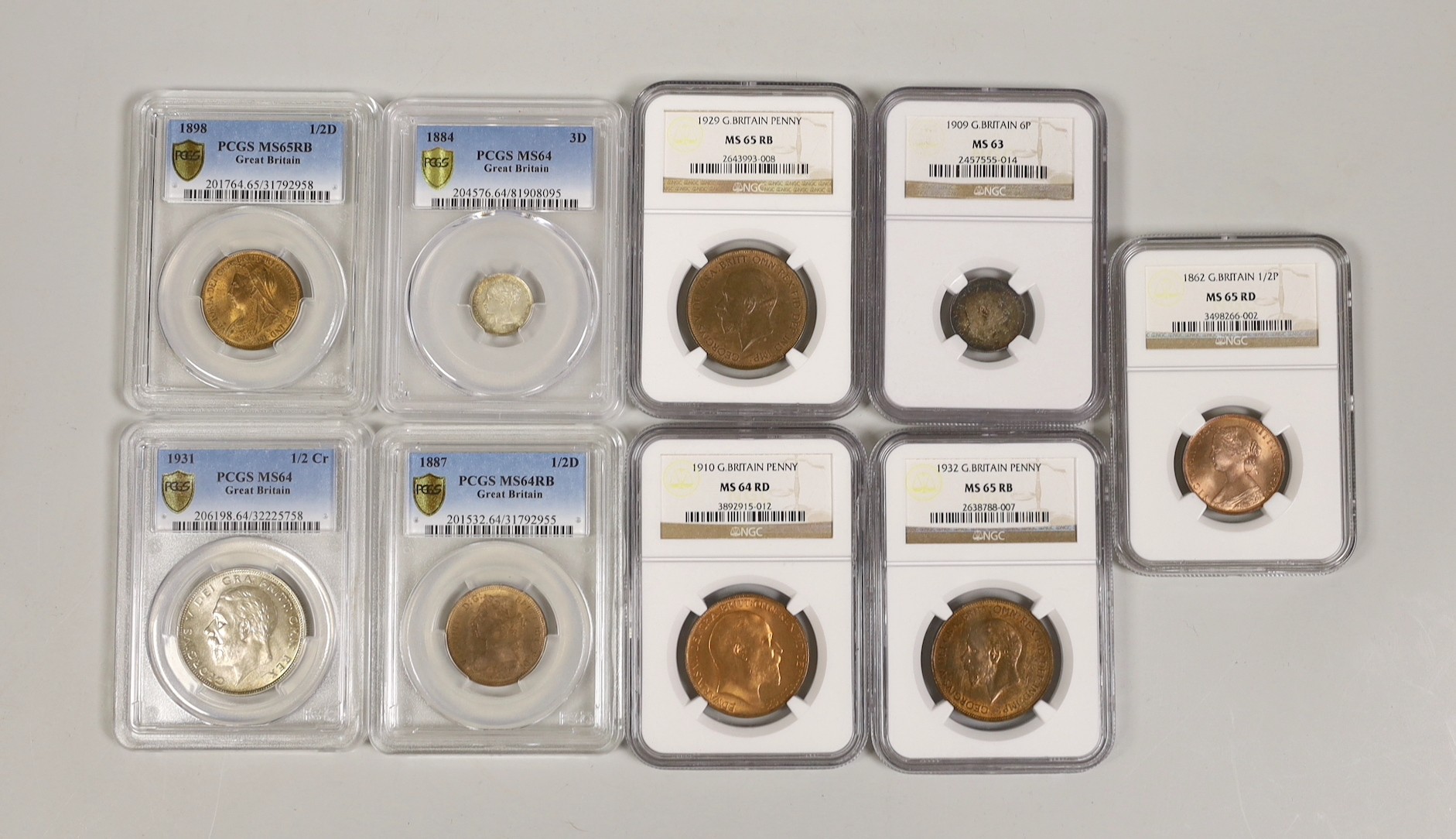 British coins, NGC and PCGS slabbed and graded - Victoria halfpenny 1862, threepence 1884, halfpenny 1887 and 1898, Edward VII one penny 1910, sixpence 1909, George V halfcrown 1931, one penny 1929 and 1932 (9)          