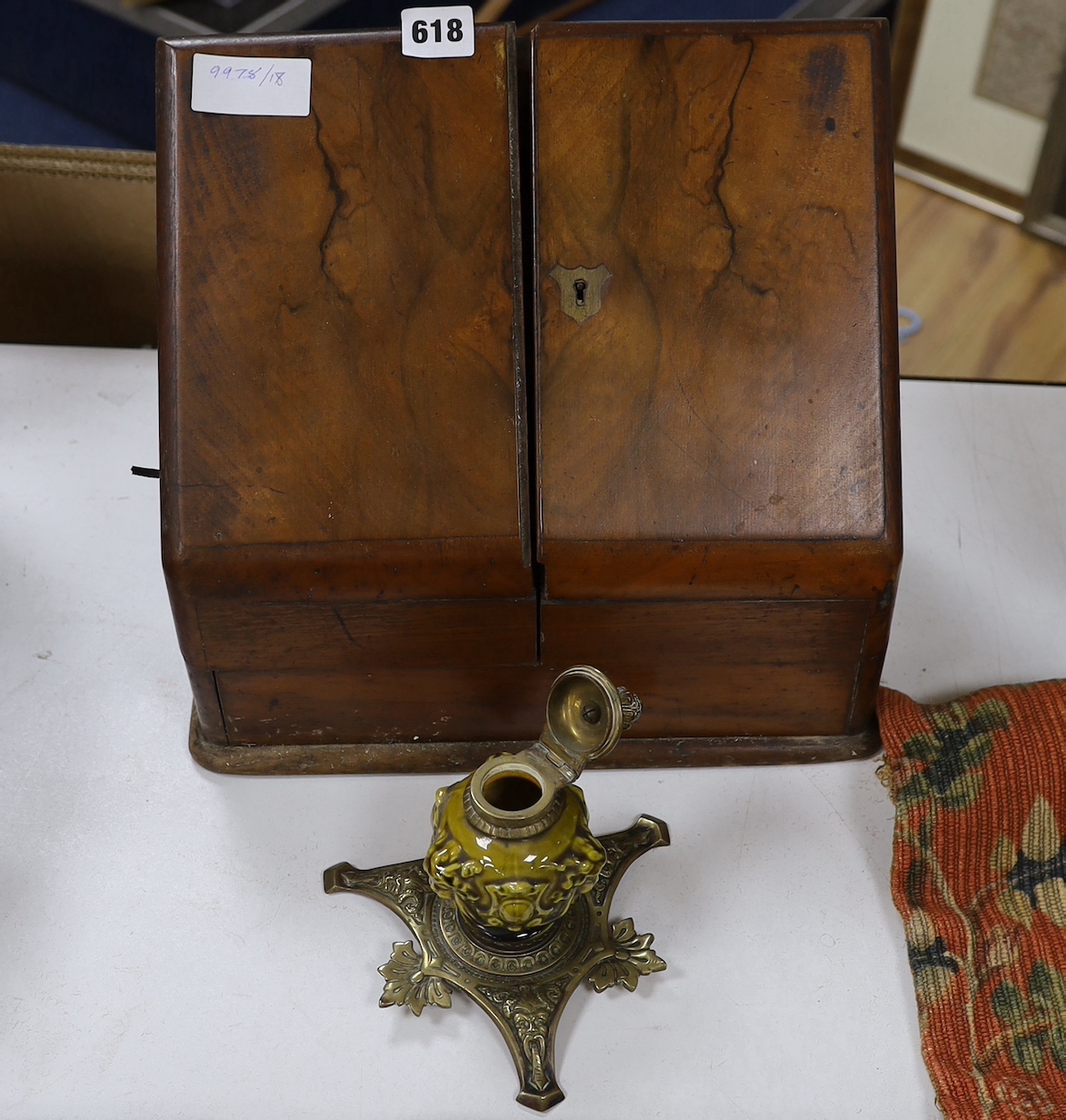 A Victorian walnut stationery box and brass inkwell, box 33cm wide, 30cm high                                                                                                                                               