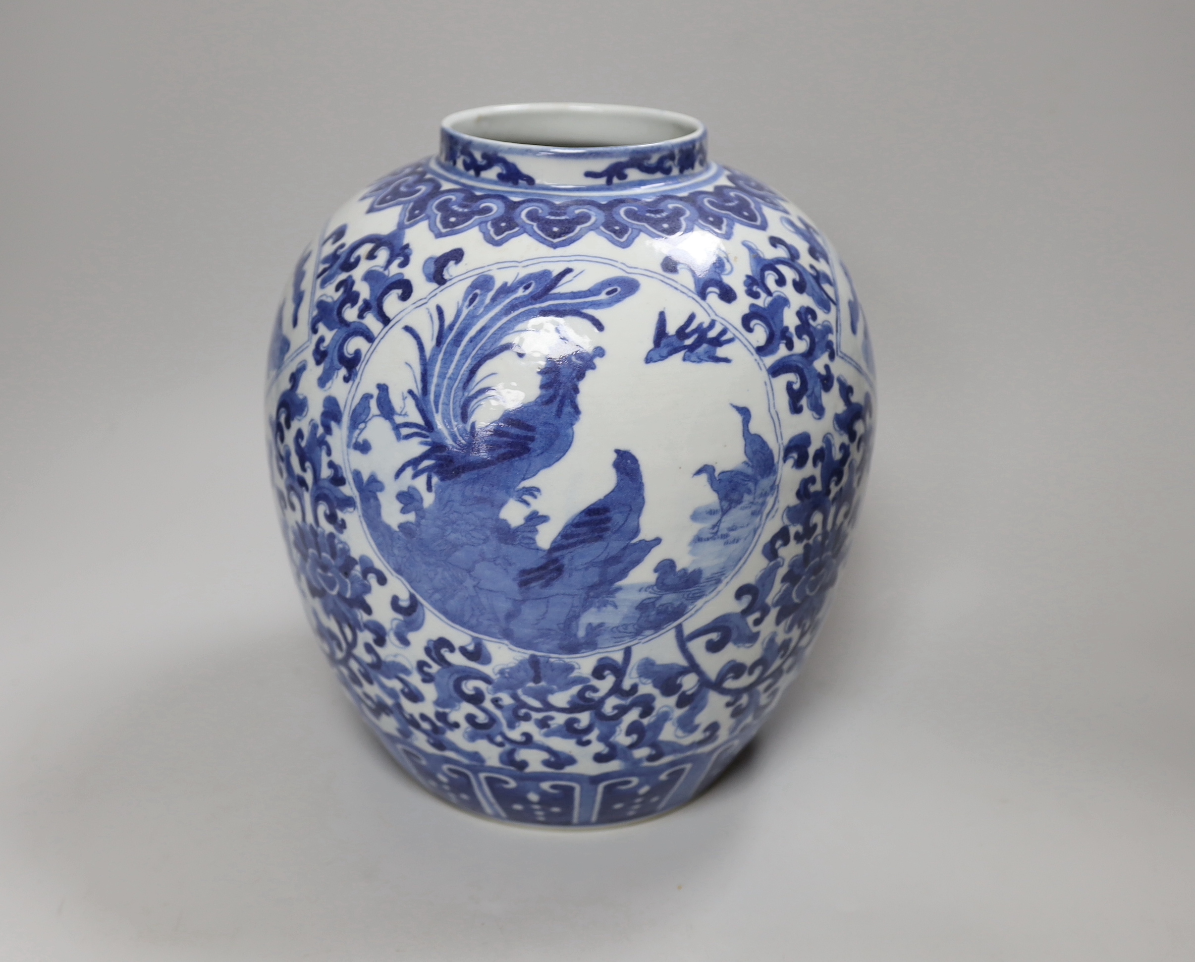 A Chinese blue and white ovoid jar, 27cm high                                                                                                                                                                               