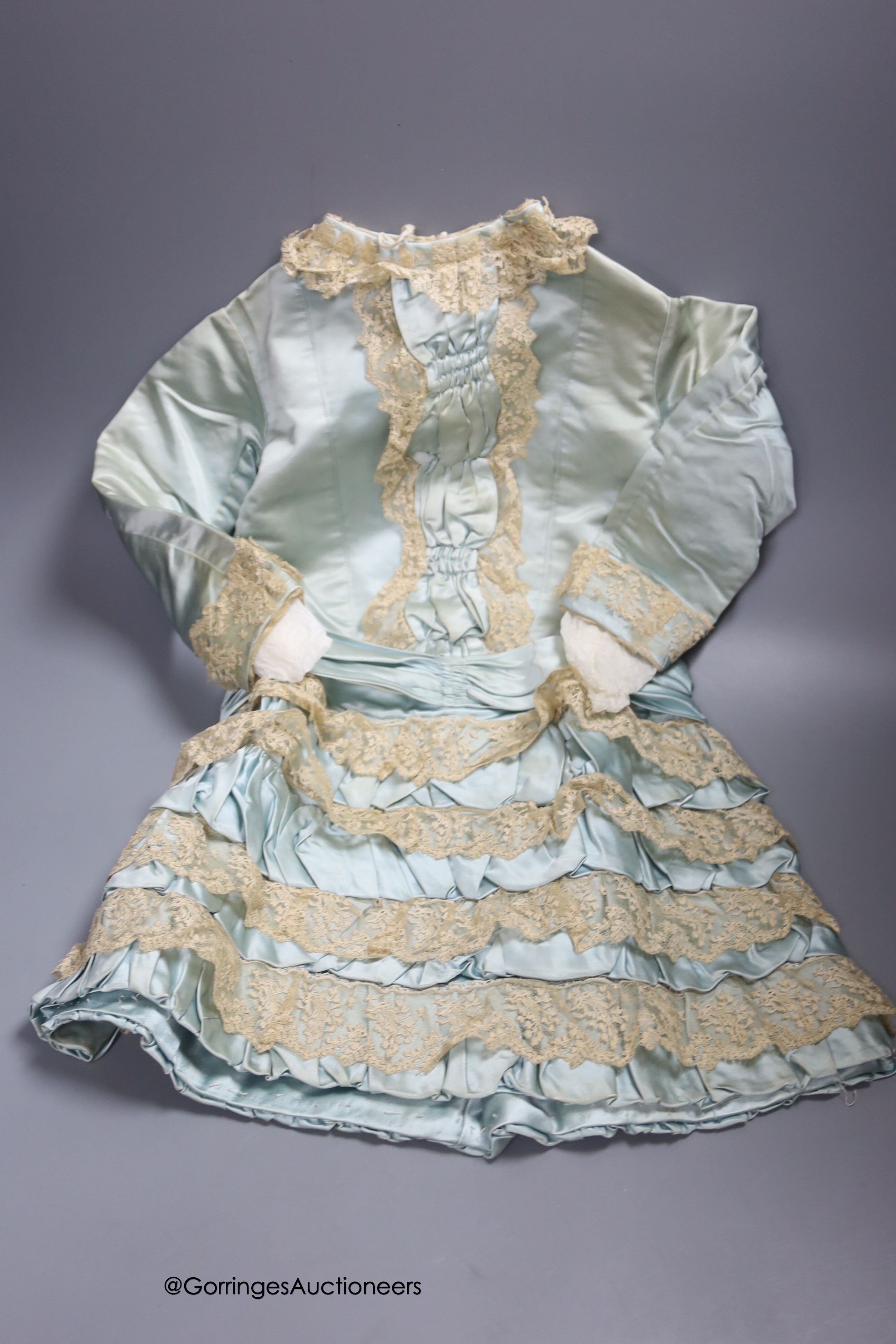 A Victorian silk and lace bordered dress                                                                                                                                                                                    