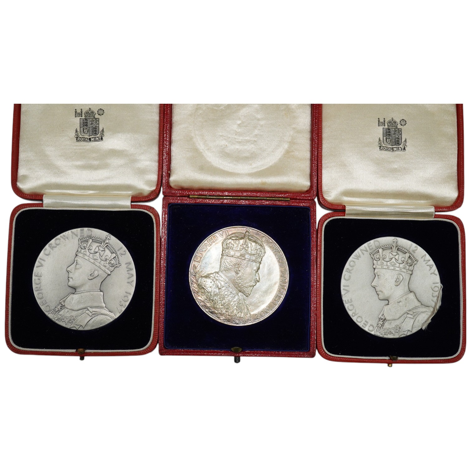 British Royal commemorative medals, Edward VII and Alexandra Queen Consort coronation silver medal 1902, UNC, in case of issue, and two George VI and Queen Elizabeth matt silver medals 1937, about UNC, in cases of issue 