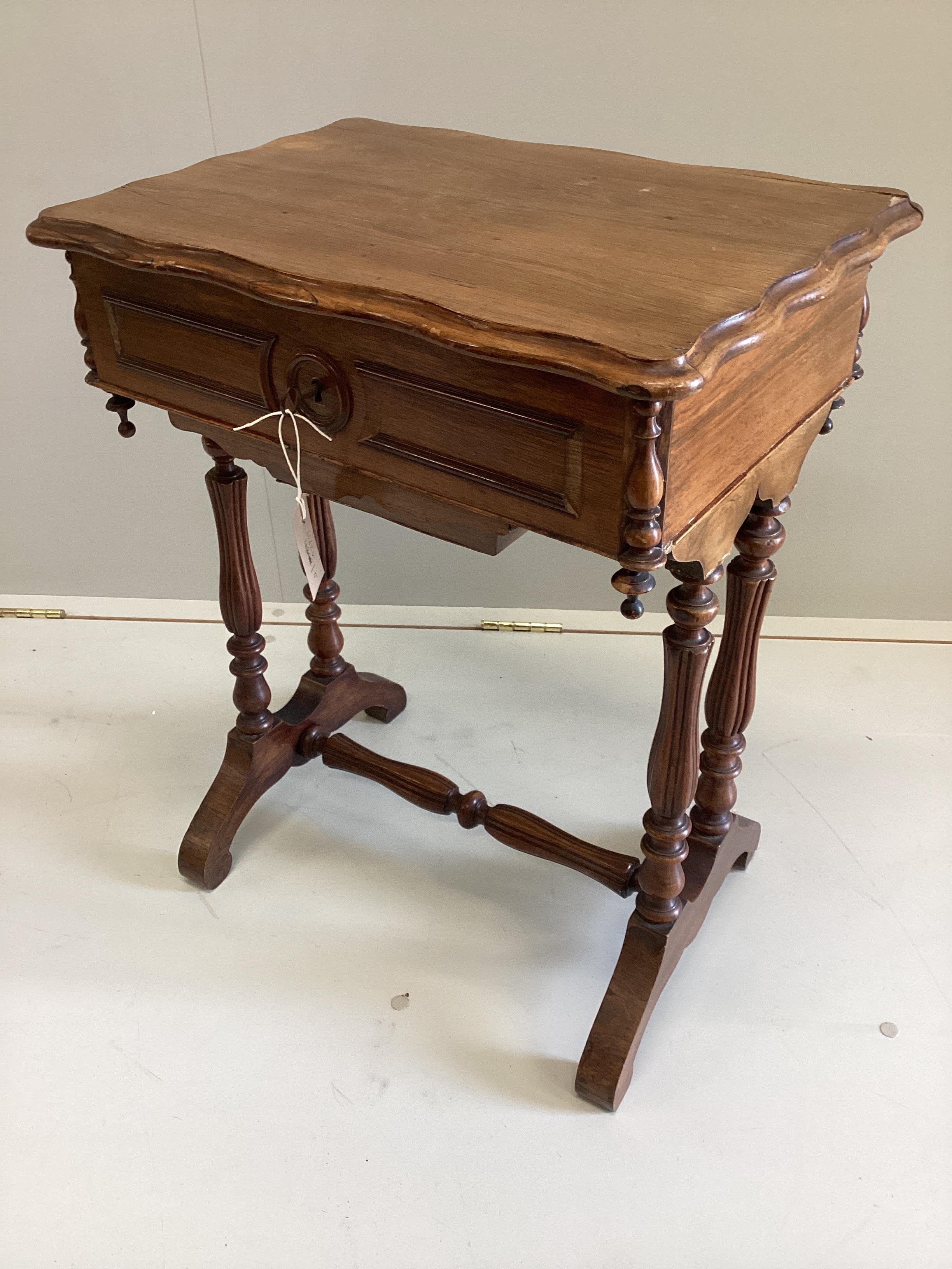 A 19th century French rosewood work table, width 54cm, depth 38cm, height 66cm                                                                                                                                              