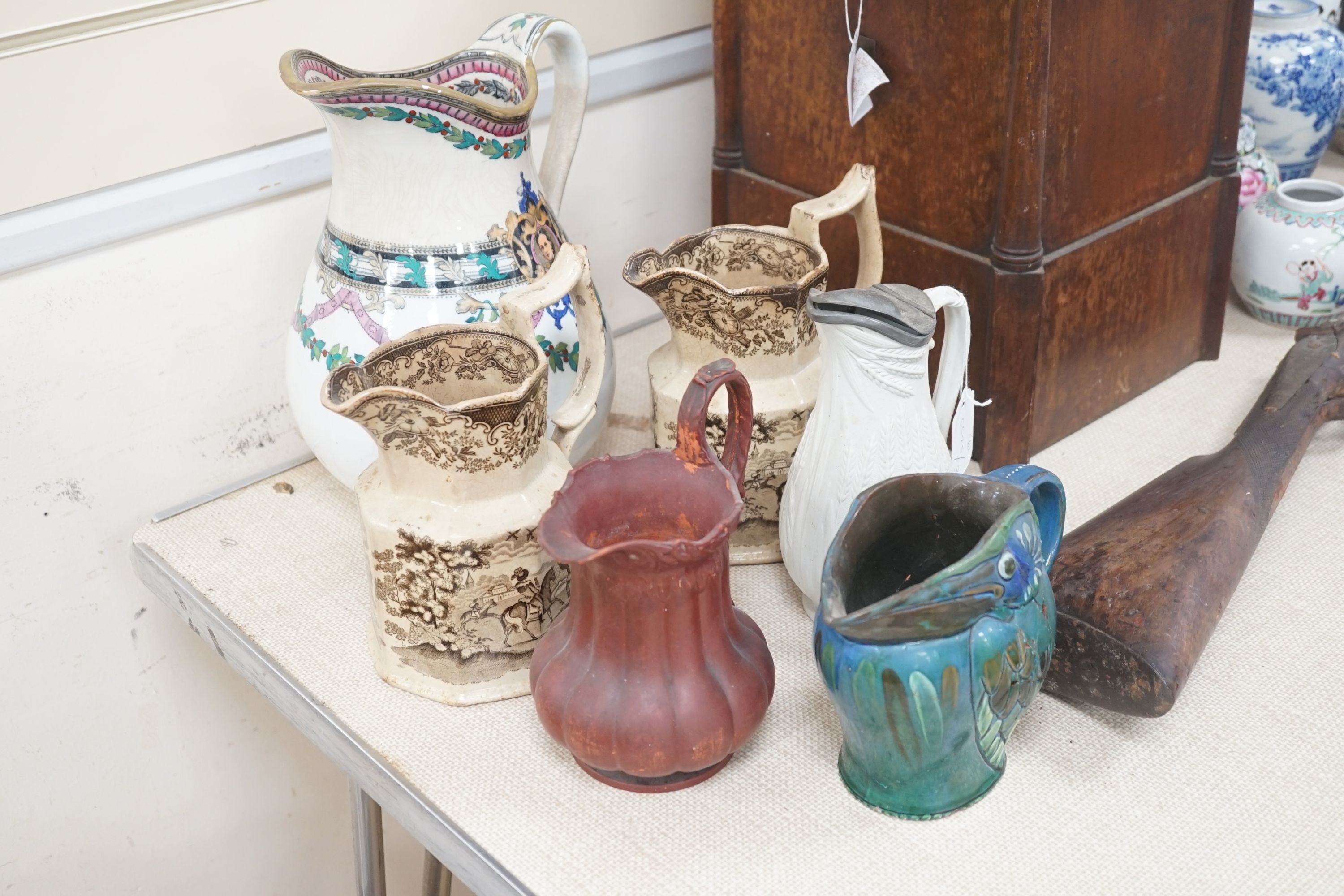 Six Victorian and later pottery jugs - tallest 29cm                                                                                                                                                                         