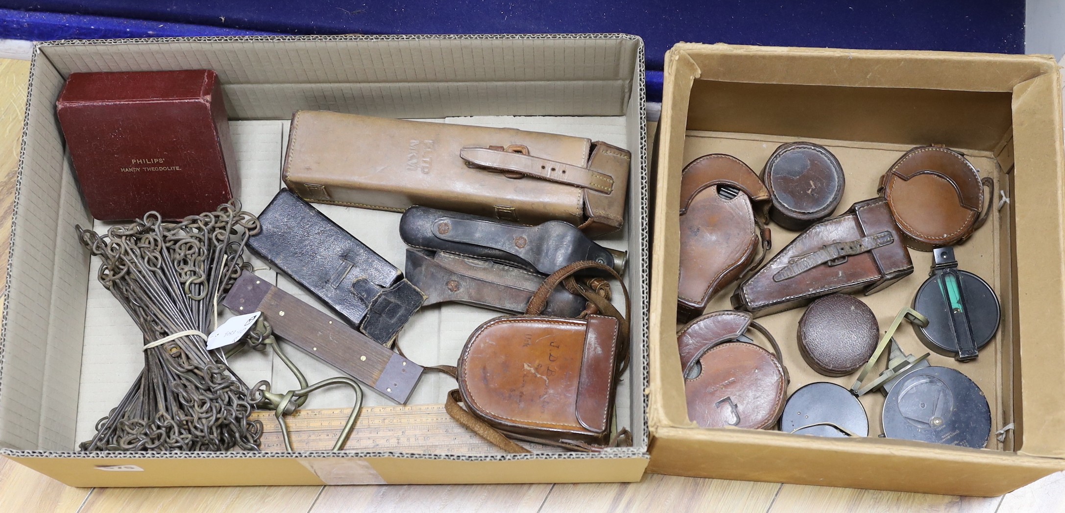 A group of surveying and scientific instruments, early 20th century, Including dual cased Watkins clinometer and compass, a cased Short & Mason black enamelled and gilt brass pocket Verschoyle Transit, two compasses by M