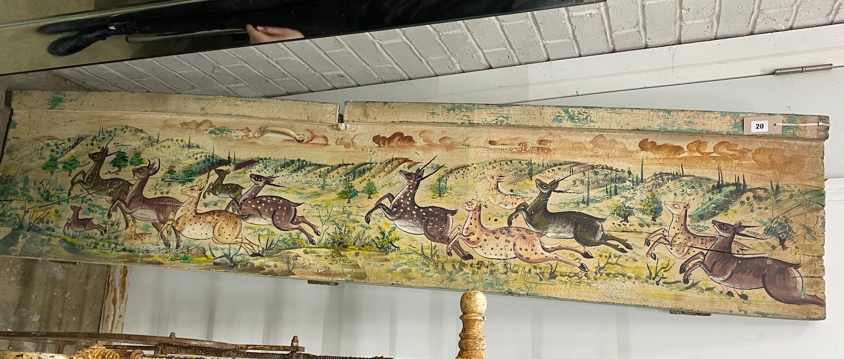 An eastern rectangular decorative wooden panel, painted with deer, width 193cm, height 42cm                                                                                                                                 
