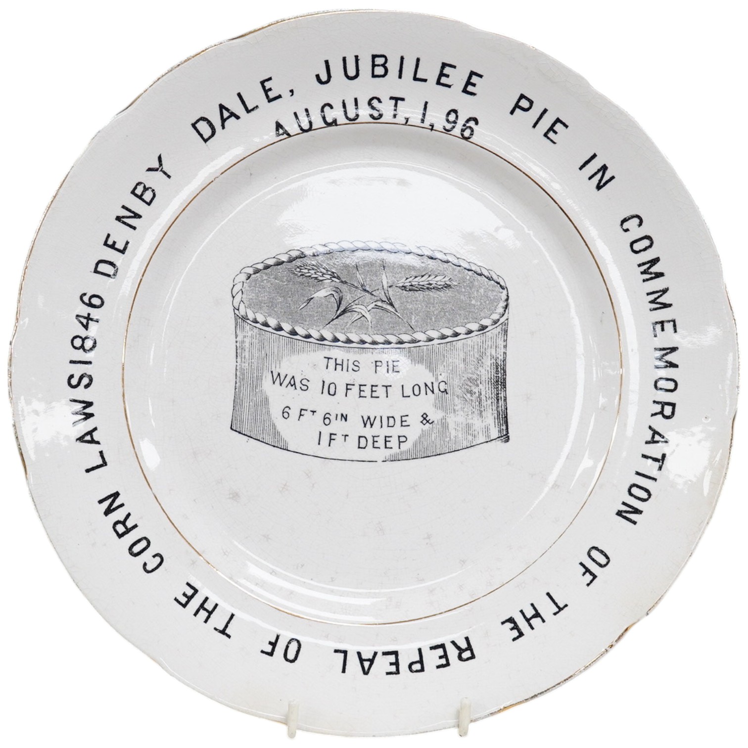 A Victorian August 1 1896 Jubilee pie plate, commemorating the repeal of the corn laws of 1846, 25cm diameter. Condition - some crazing and gilt edge worn                                                                  