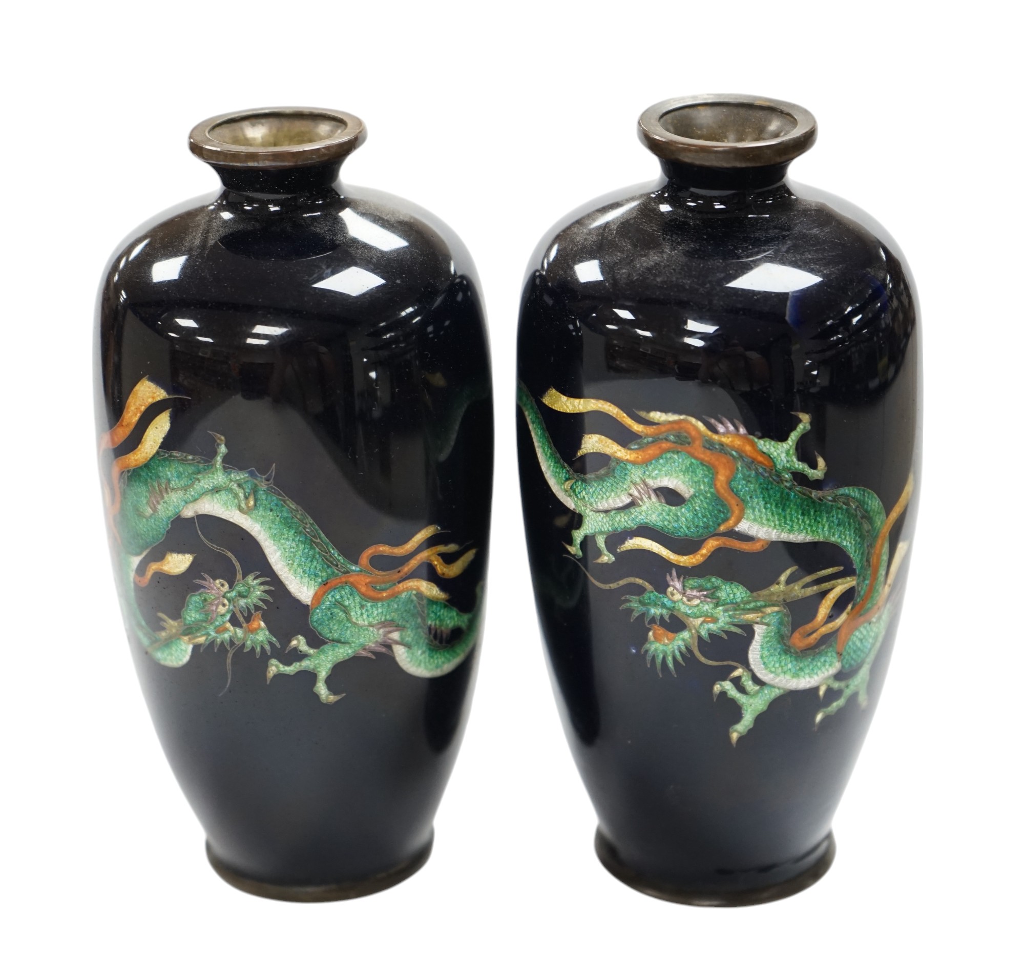 Two Japanese miniature enamelled dragon decorated vases,12cm high. Condition - good                                                                                                                                         