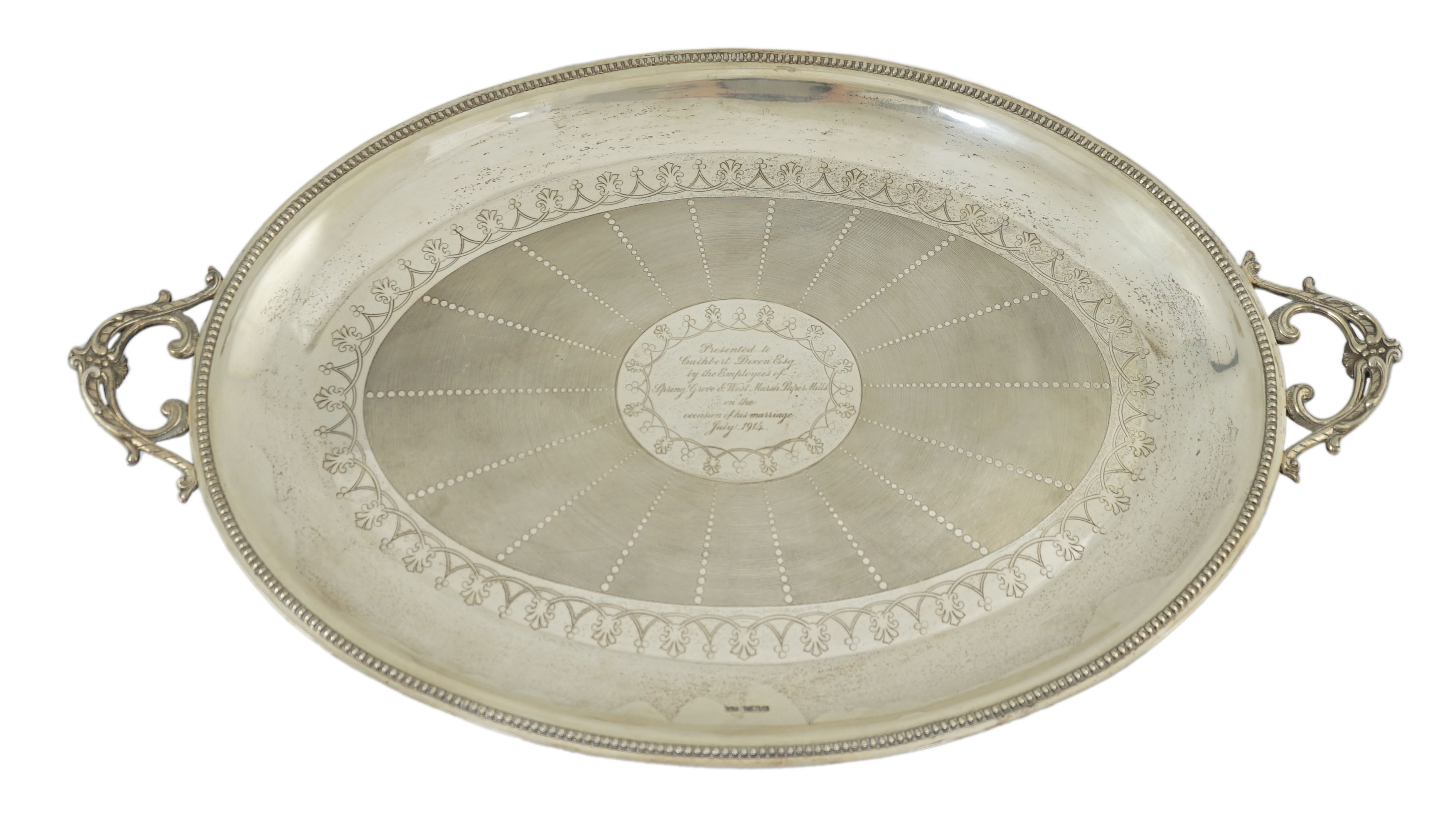 An Edwardian silver two handled oval tea tray, by Mappin & Webb                                                                                                                                                             