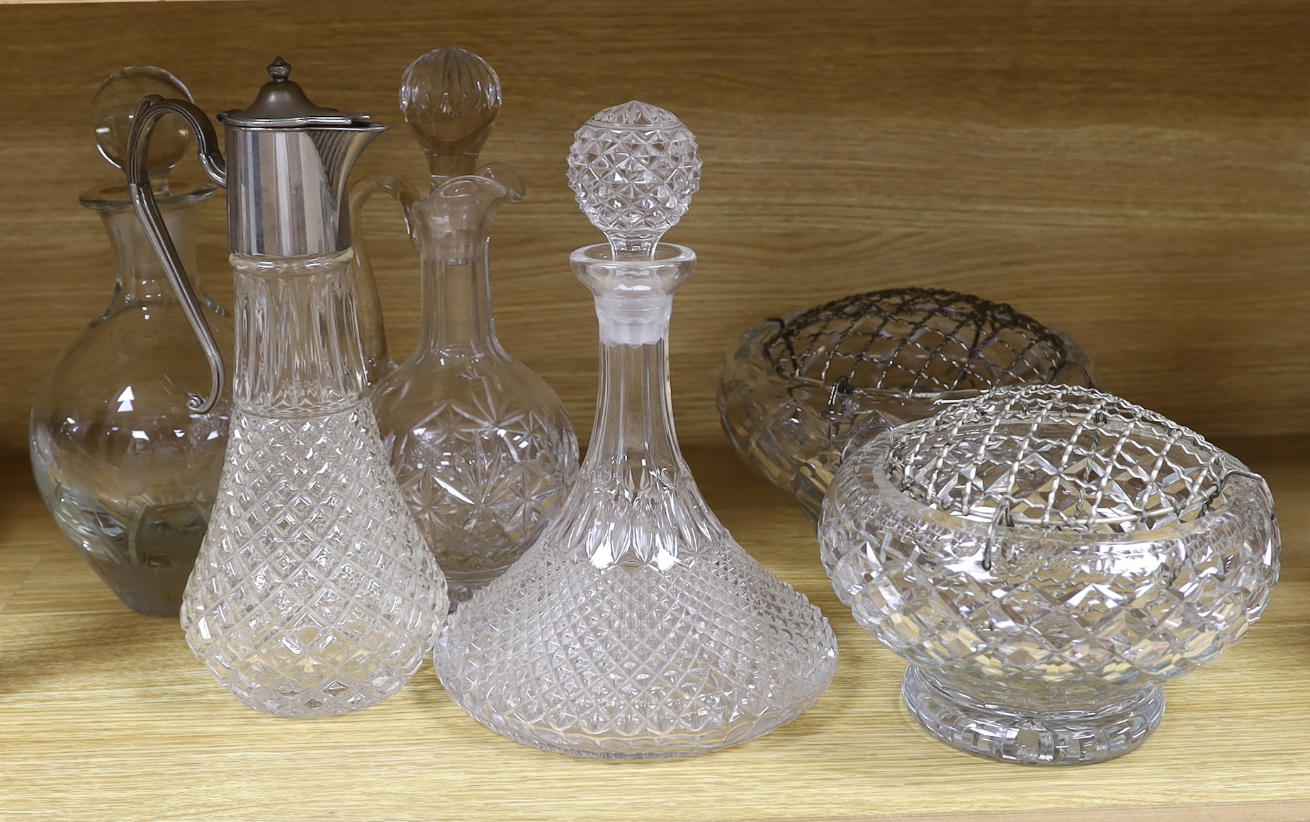 Two cut glass claret jugs, a decanter, ships decanter and two footed bowls (6)                                                                                                                                              