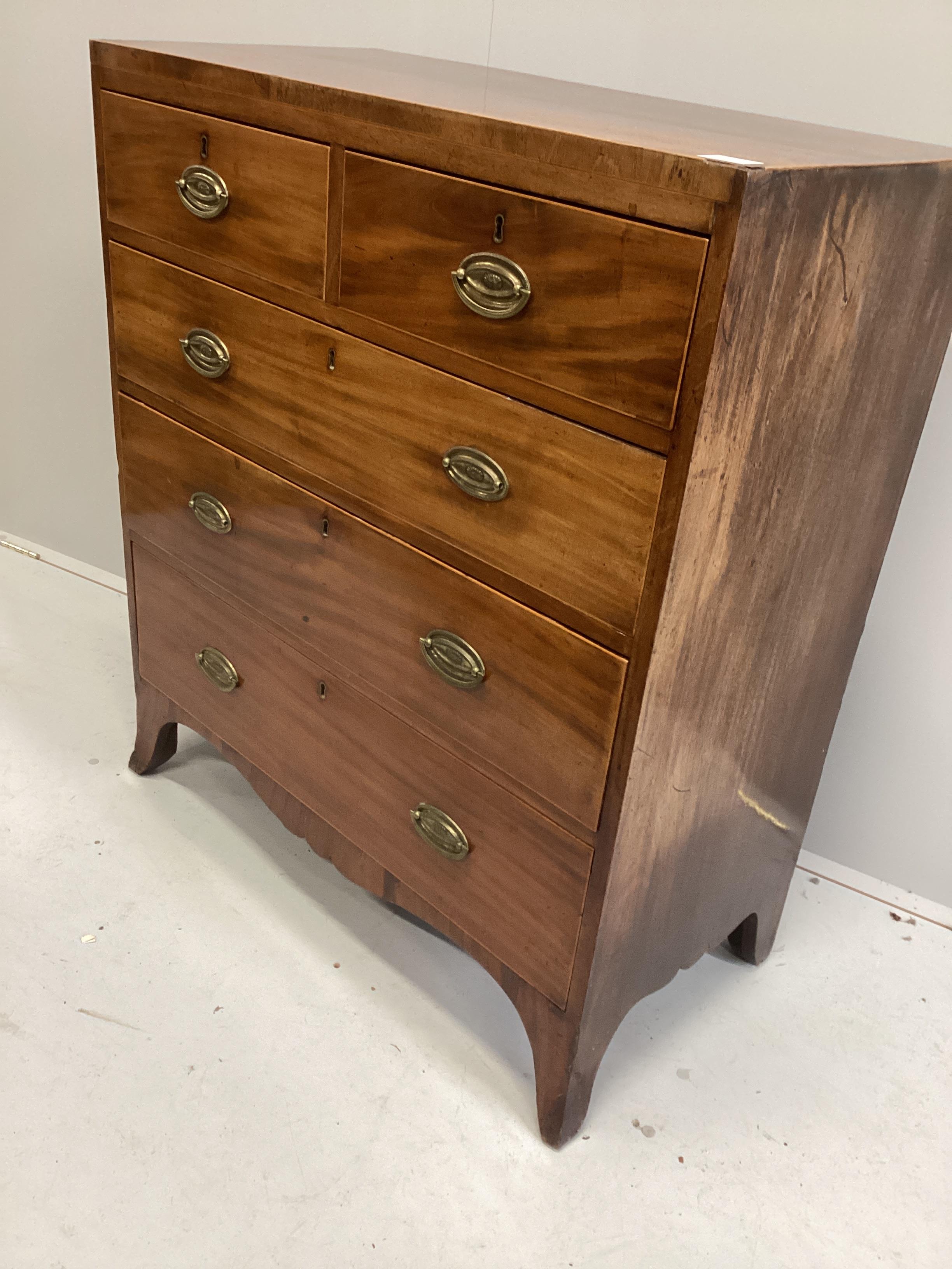 A George III mahogany five drawer chest, width 92cm, depth 45cm, height 107cm                                                                                                                                               