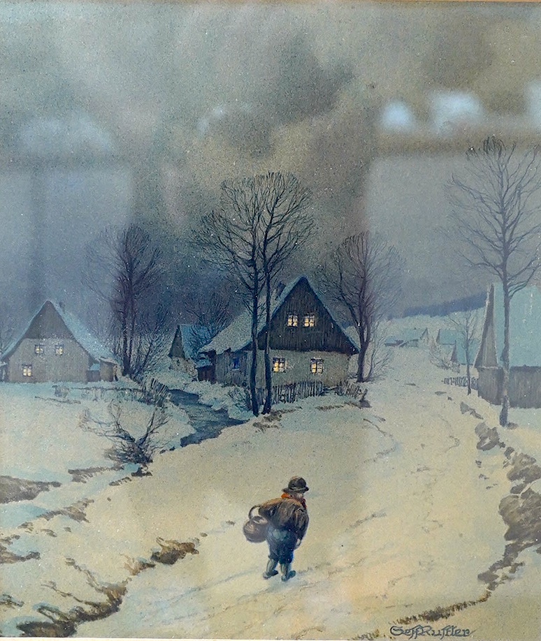 Geff Rustler, German, watercolour, Winter scene, 22 x 19cm. Condition - good                                                                                                                                                