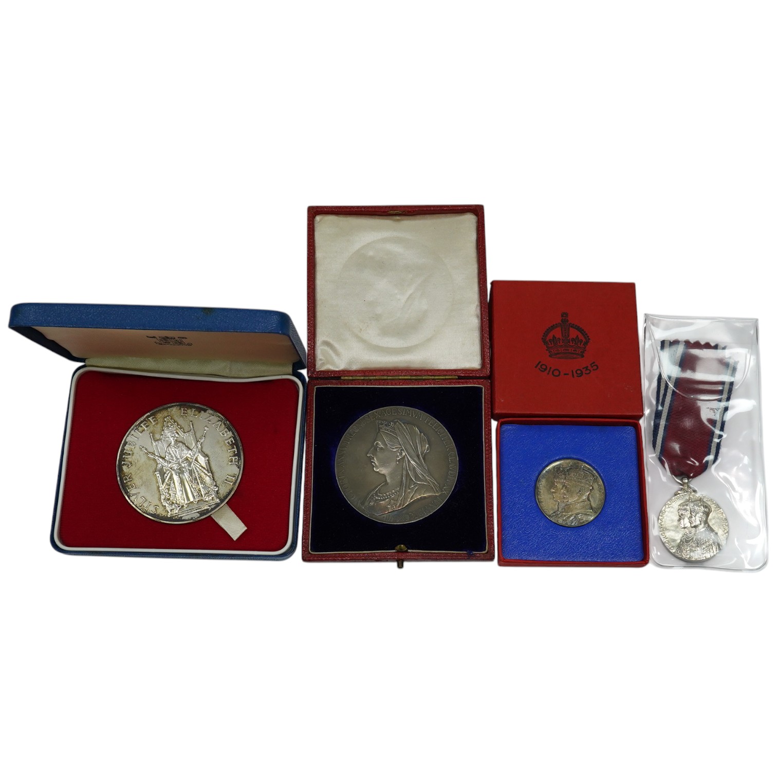 British Royal commemorative medals, Victoria Diamond Jubilee large silver medal, toned about UNC, in case of issue, two George VI and Queen Mary silver jubilee medals, 1935 and Elizabeth II silver jubilee large silver me