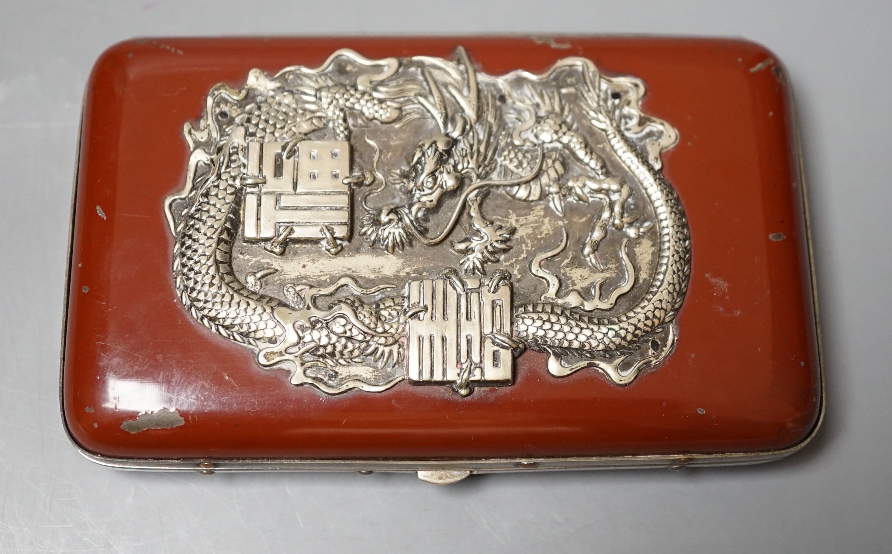 A Chinese lacquered metal cigar case, 13cm wide                                                                                                                                                                             