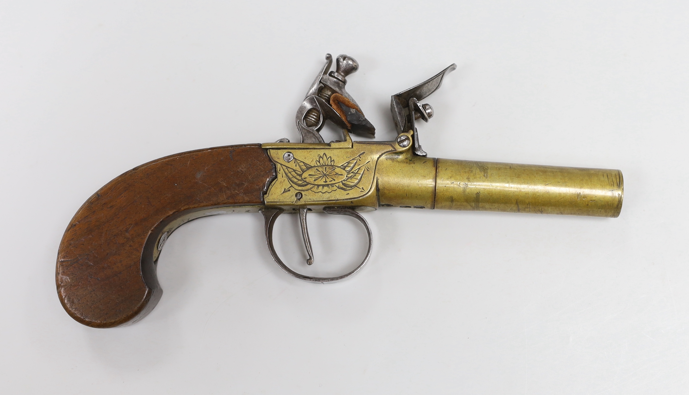 A George III flintlock pocket pistol, with turn off brass barrel, signed ‘Lawrence’                                                                                                                                         