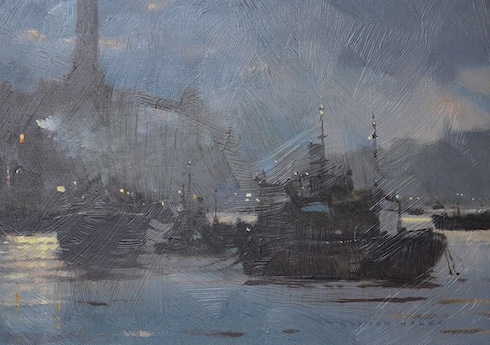 Gordon Hales (1916-1997), oil on board, 'Upstream from Greenwich', 24 x 34cm. Condition - good                                                                                                                              