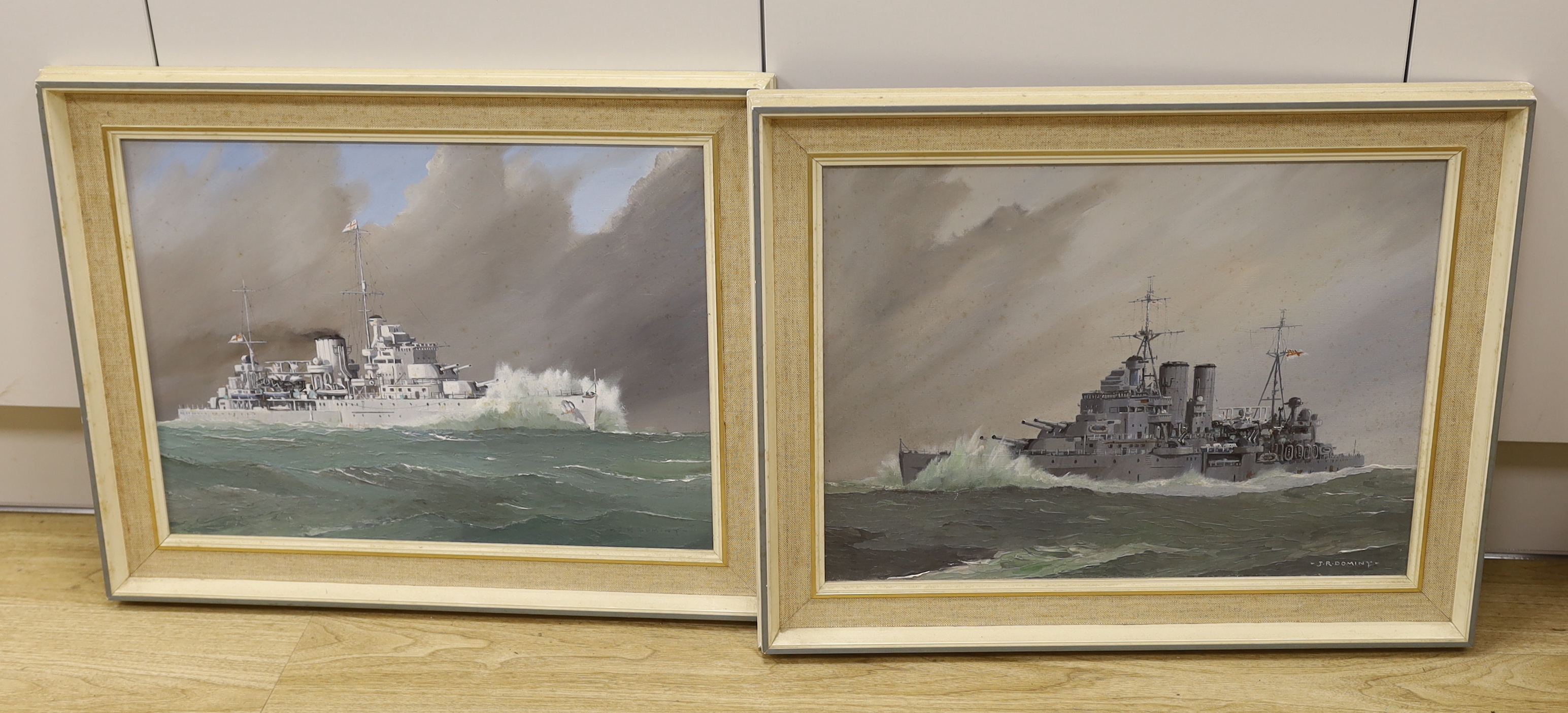 John Rohan Dominy (b.1926), pair of Naval interest oils on board, HMS Achilles, signed, details verso, 35 x 49cm                                                                                                            