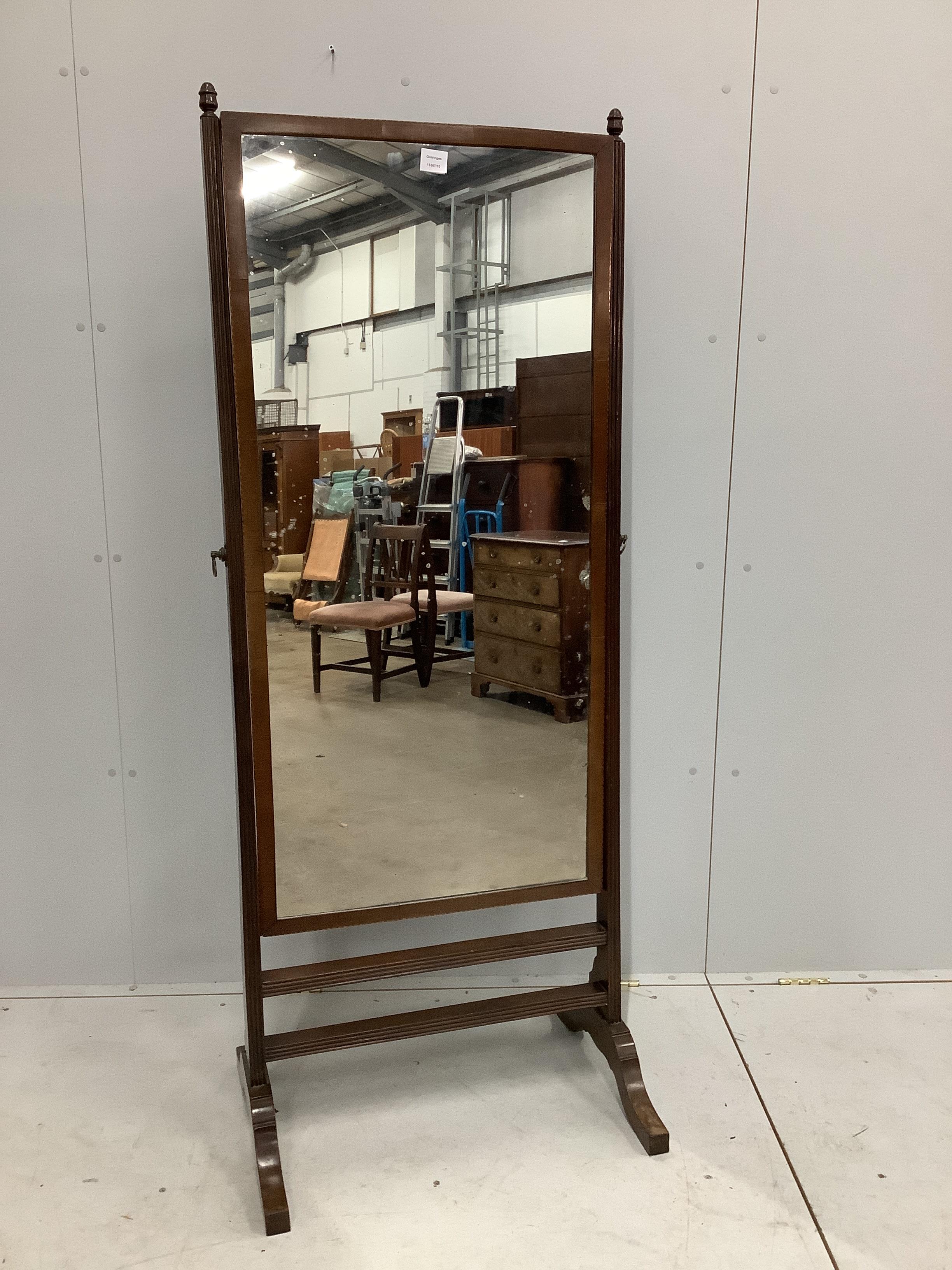 An early 20th century mahogany cheval mirror, width 65cm, height 168cm                                                                                                                                                      