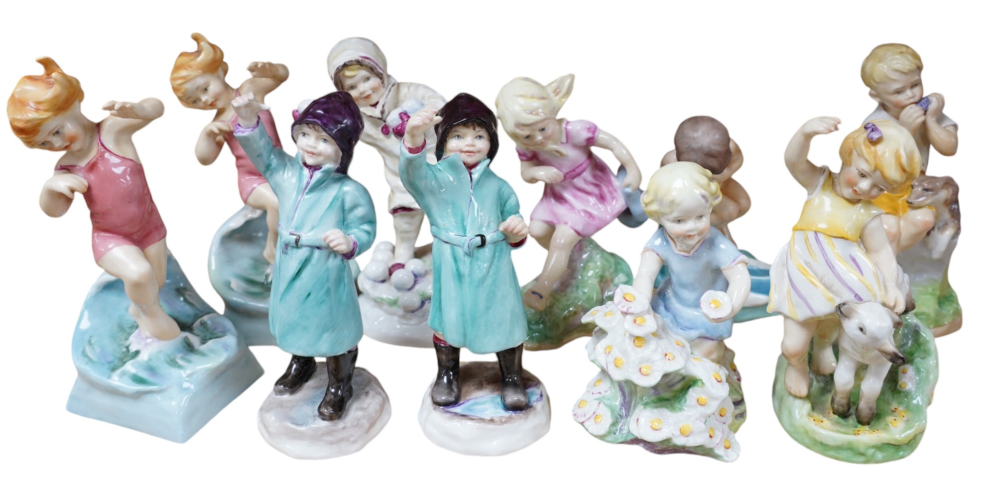 Ten Worcester F G Doughty Months series figures including 3440 & 3453, largest 18cm high. Condition - good                                                                                                                  