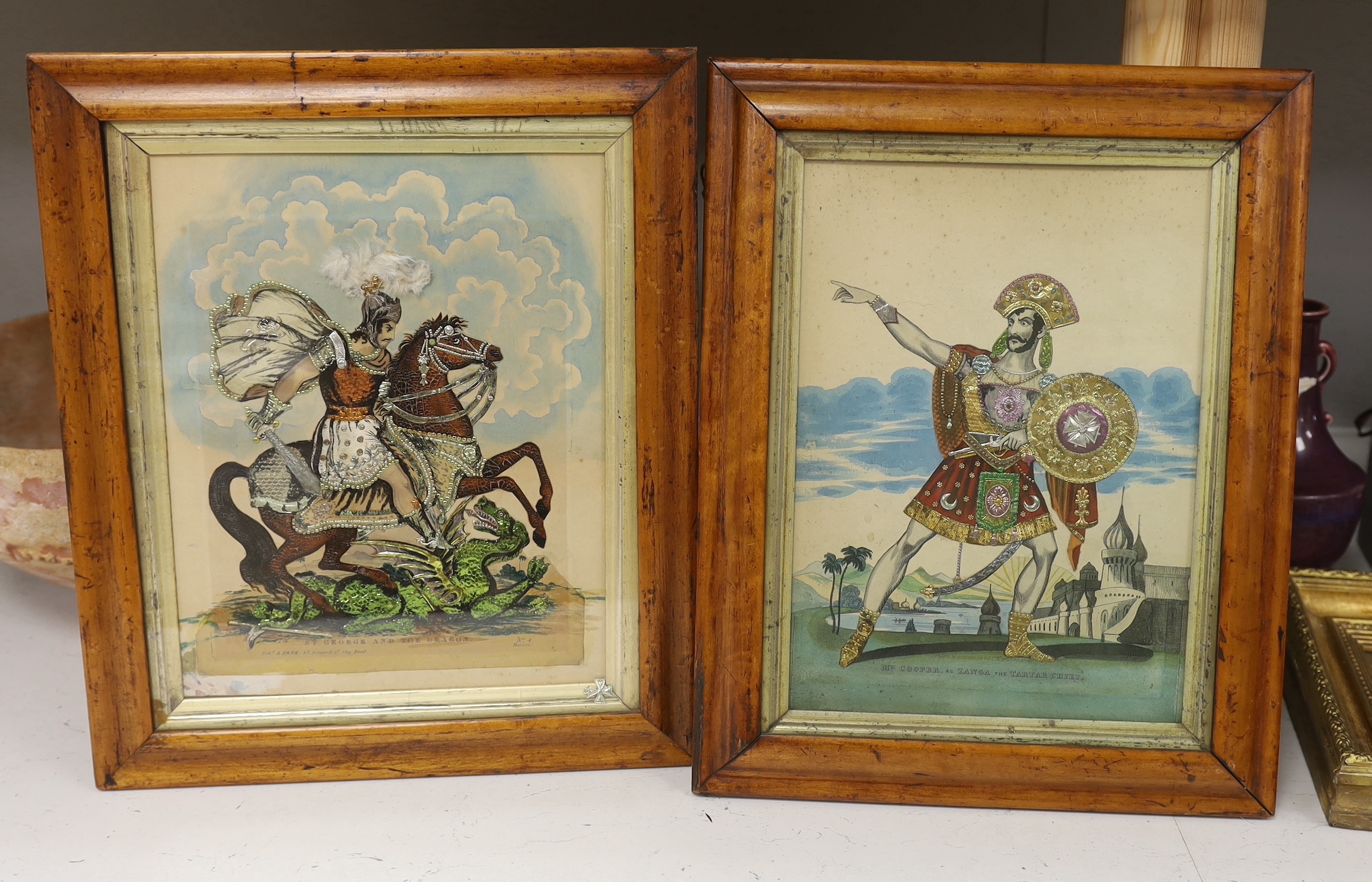 Two early 19th century hand coloured tinsel prints, St George and The Dragon and Mr Cooper as Zanga the Tartan Chief, maple framed, each 30cm x 21cm                                                                        