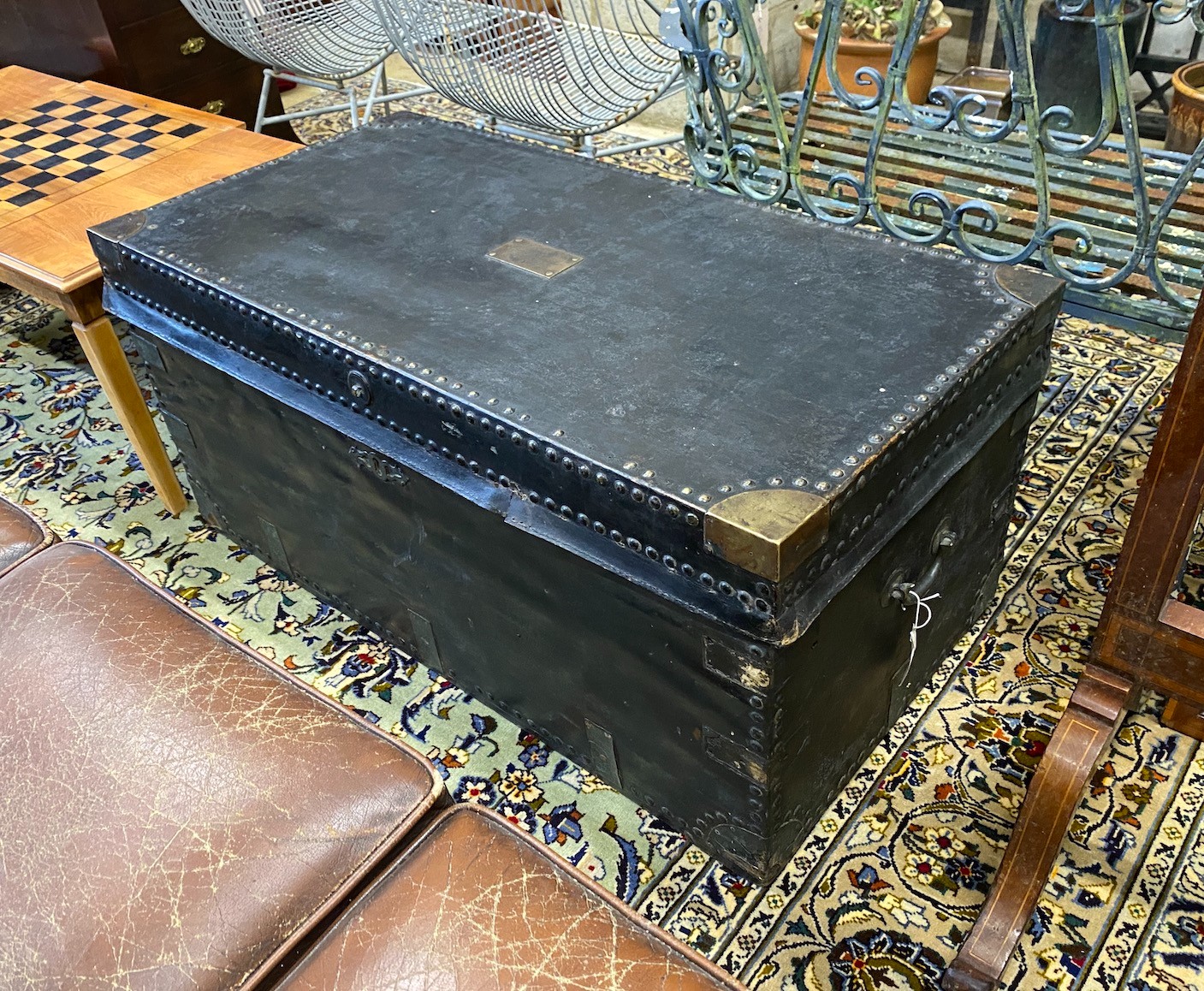 A Victorian studded black leather trunk, brass plaque inscribed Mr J Evans No.2, width 107cm, depth 55cm, height 52cm                                                                                                       
