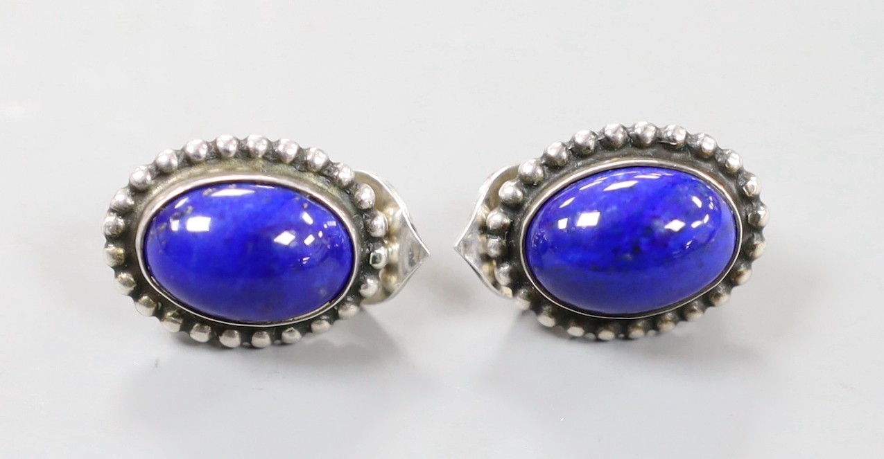 A pair of Georg Jensen sterling and lapis lazuli set oval ear clips, design no. 59, 15mm.                                                                                                                                   